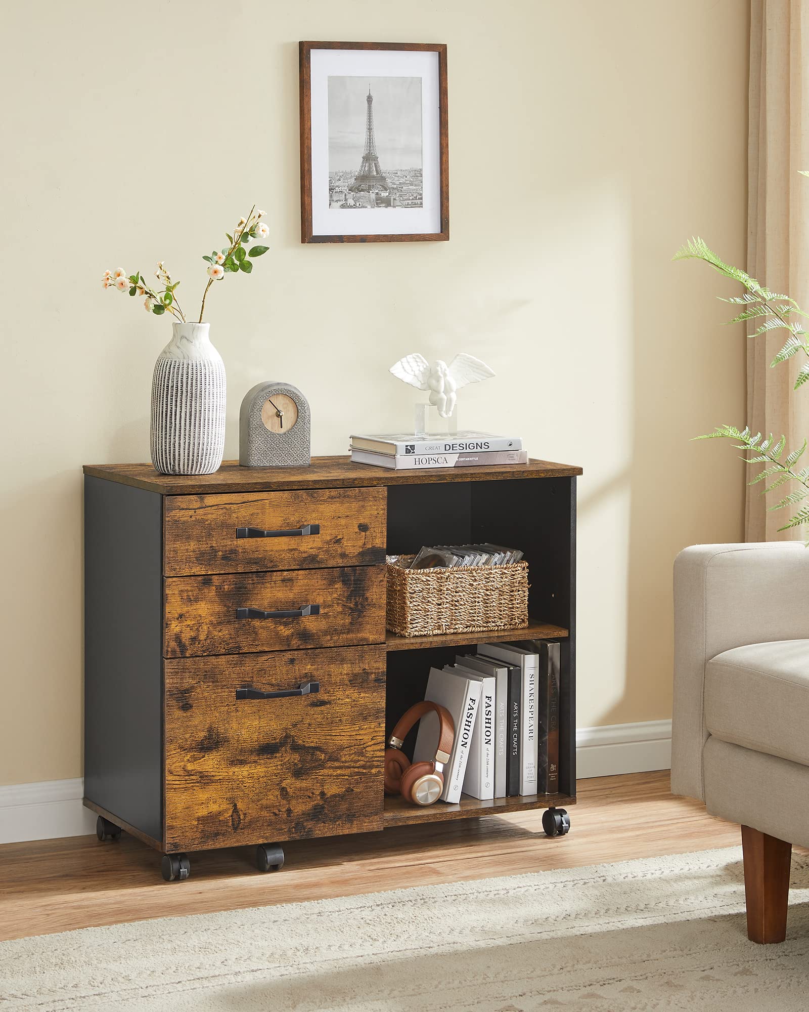 VASAGLE 3 Drawer Mobile File Cabinet | Lateral Open Compartments | Rustic Brown+black 8