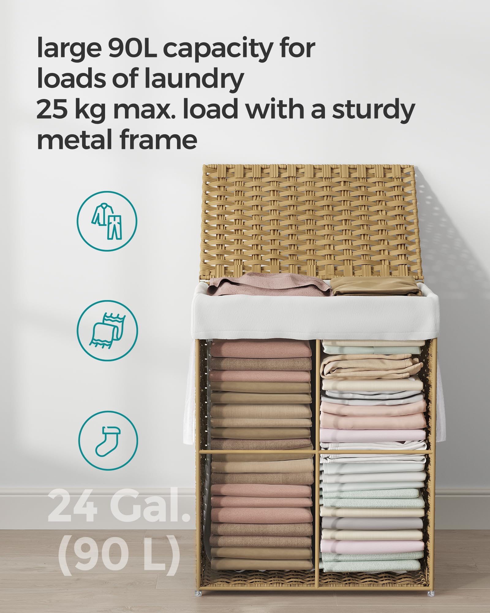 SONGMICS 90L Synthetic Rattan Laundry Basket with Lid and Handles | Foldable | Natural Colour 5