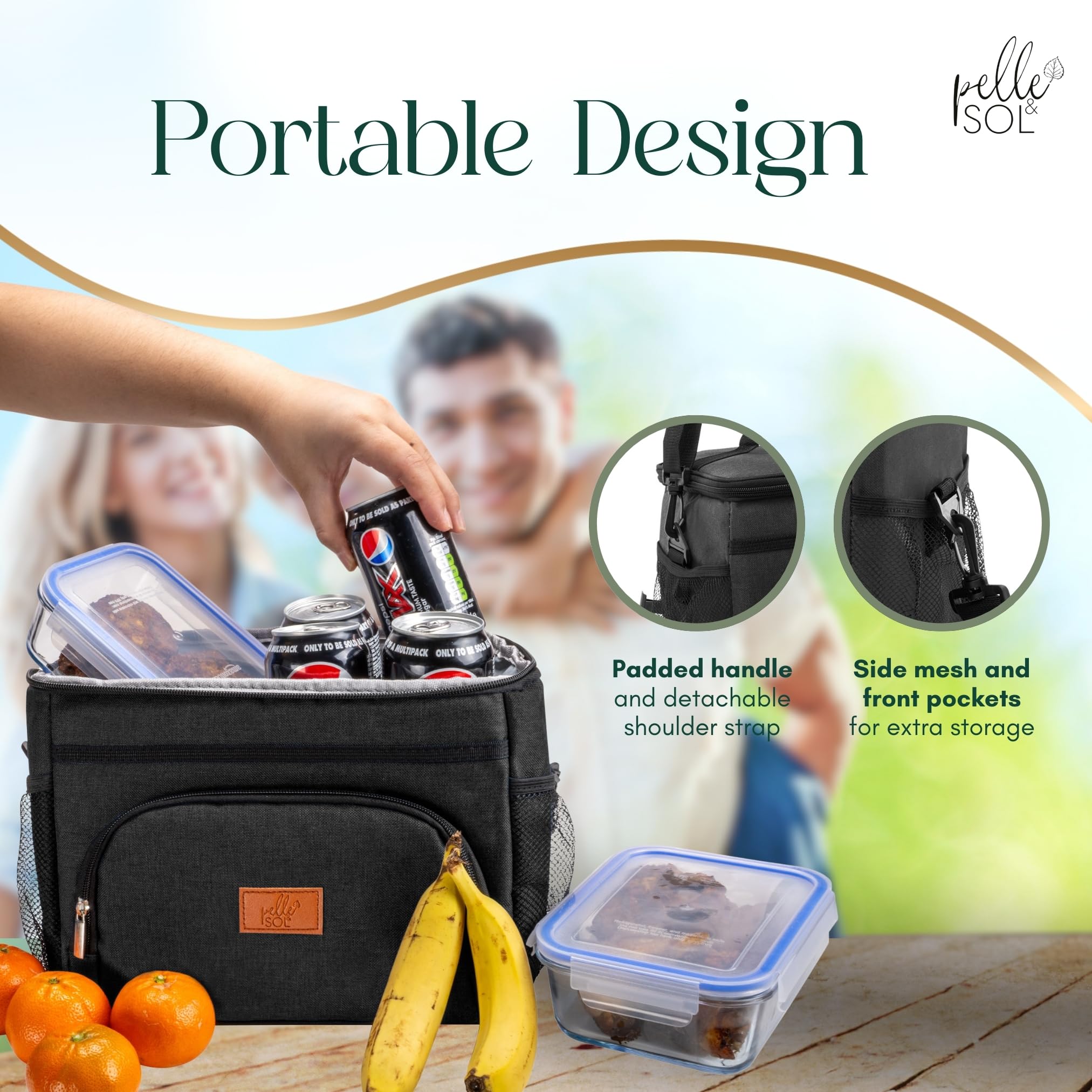 Pelle & Sol 15L Insulated Lunch Bag - Cooler Tote with Strap | Oxford Fabric | Black 3