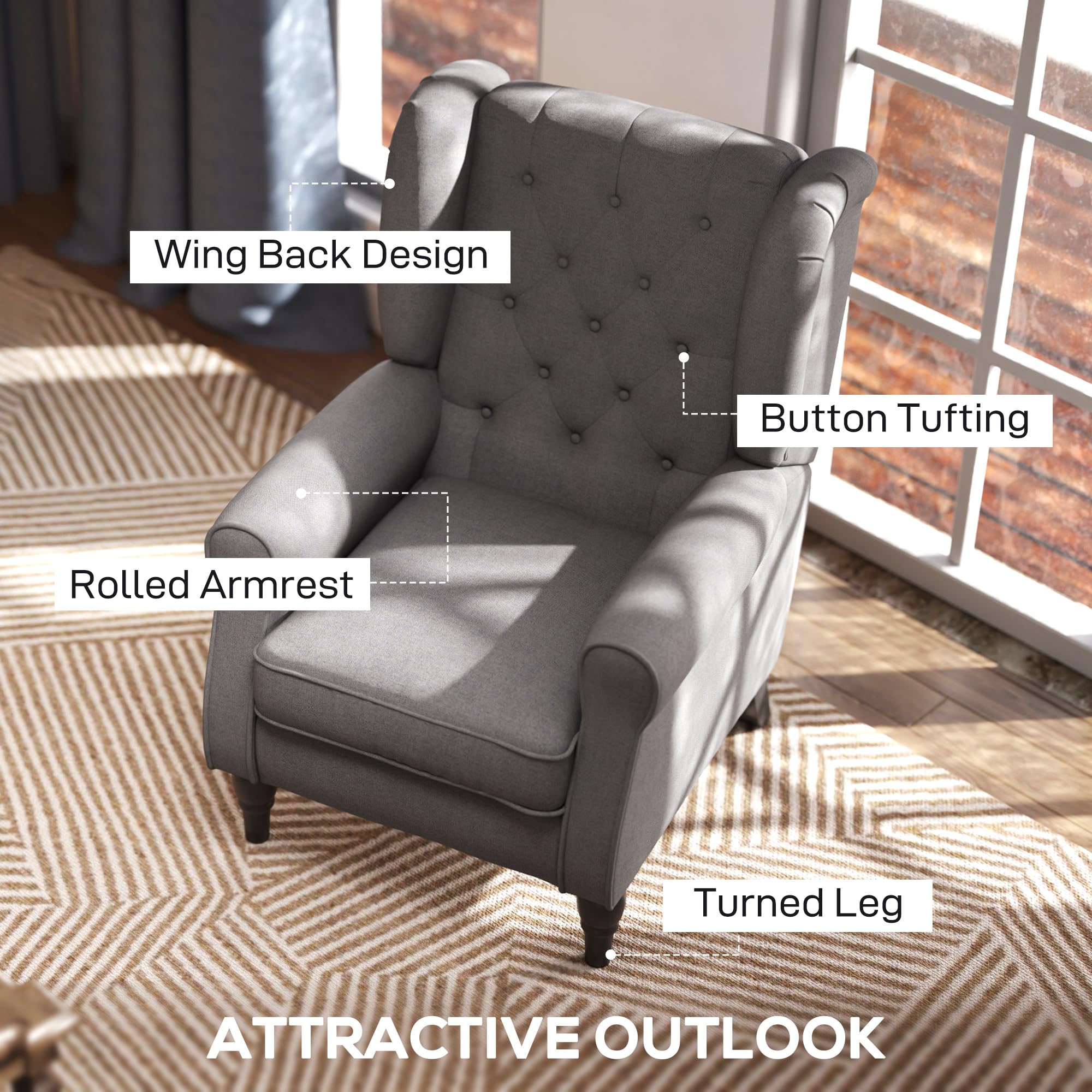 HOMCOM Retro Wingback Armchair - Snow Flannel, Button Tufted, Dark Grey | Supports 160kg 4