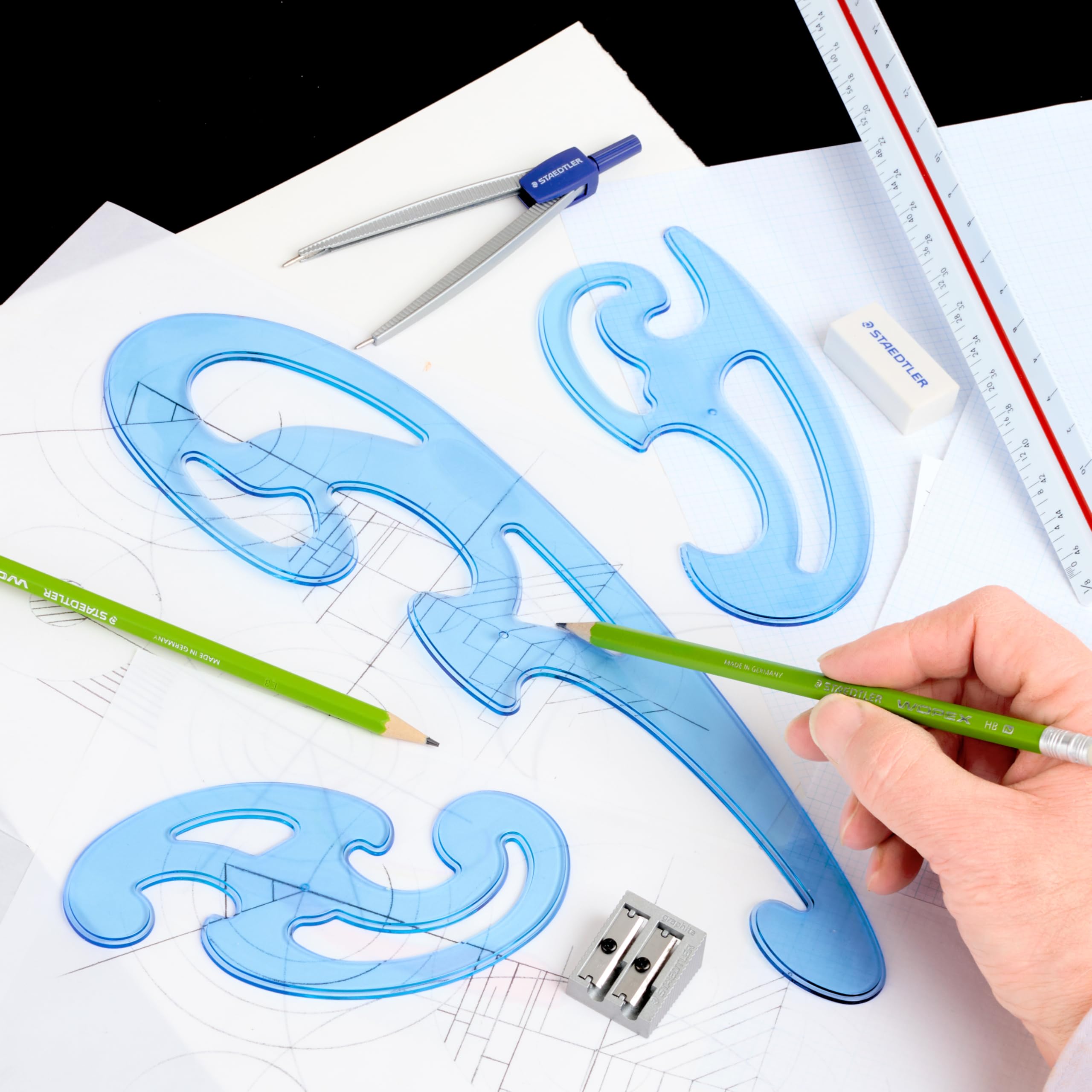 STAEDTLER Mars French Curve Template Set (3 Assorted) | Transparent Blue Plastic 2