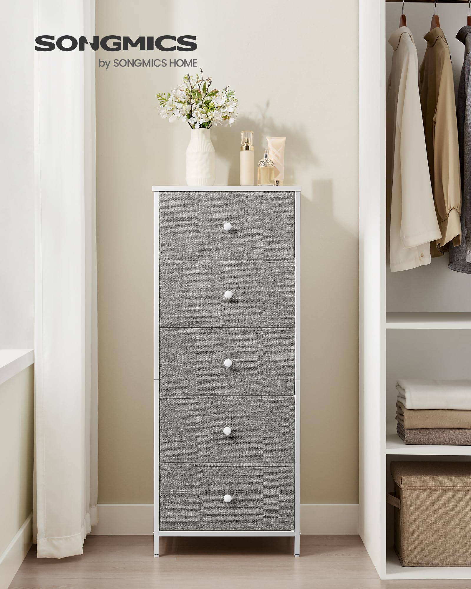 SONGMICS Chest of Drawers - 5 Fabric Drawers, Metal Frame, Tall & Slim Storage | Dove Grey/Cream White 4