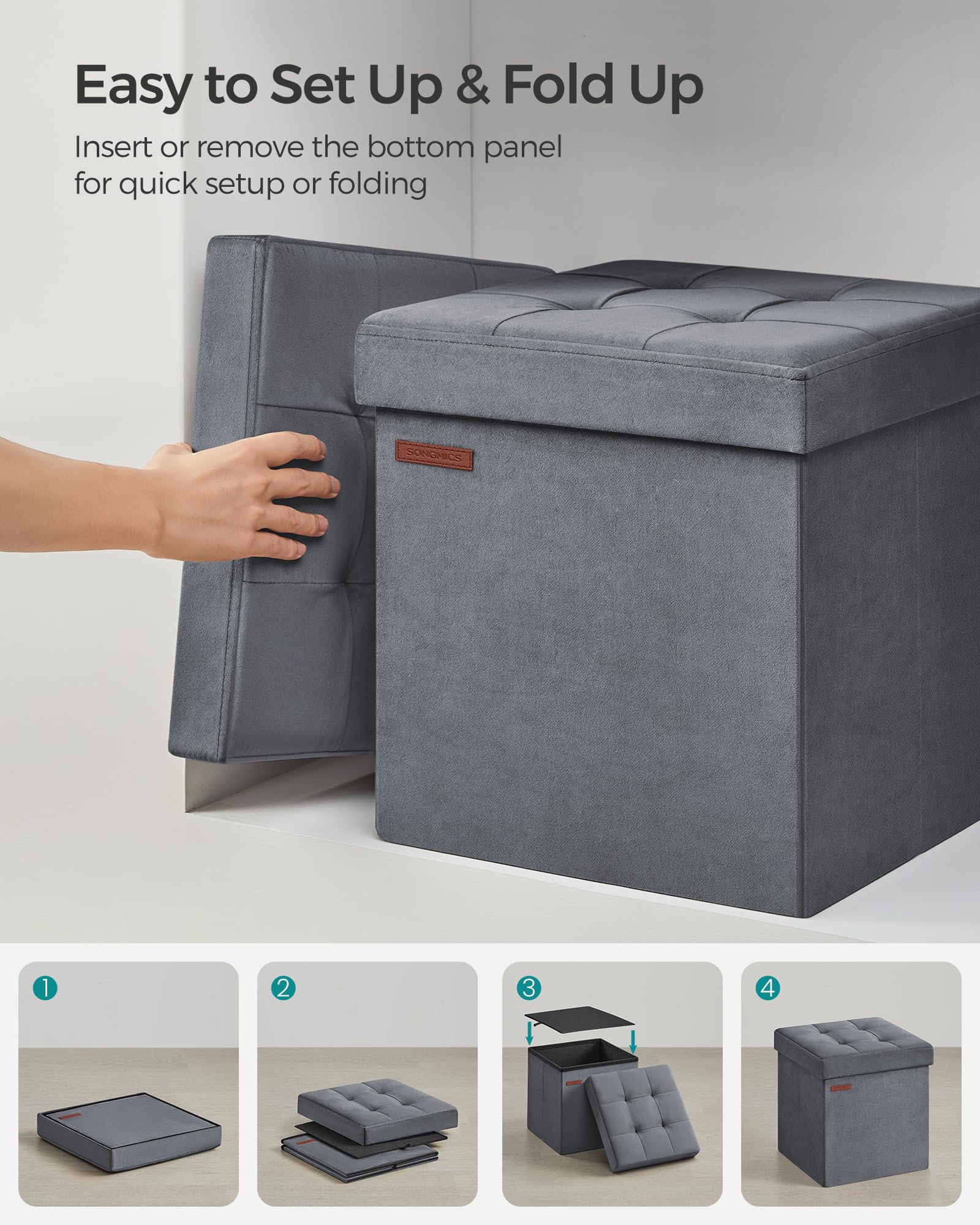 SONGMICS Storage Ottoman - Foldable Foot Rest with 43L Capacity | Slate Grey | 38 x 38 x 38 cm 8