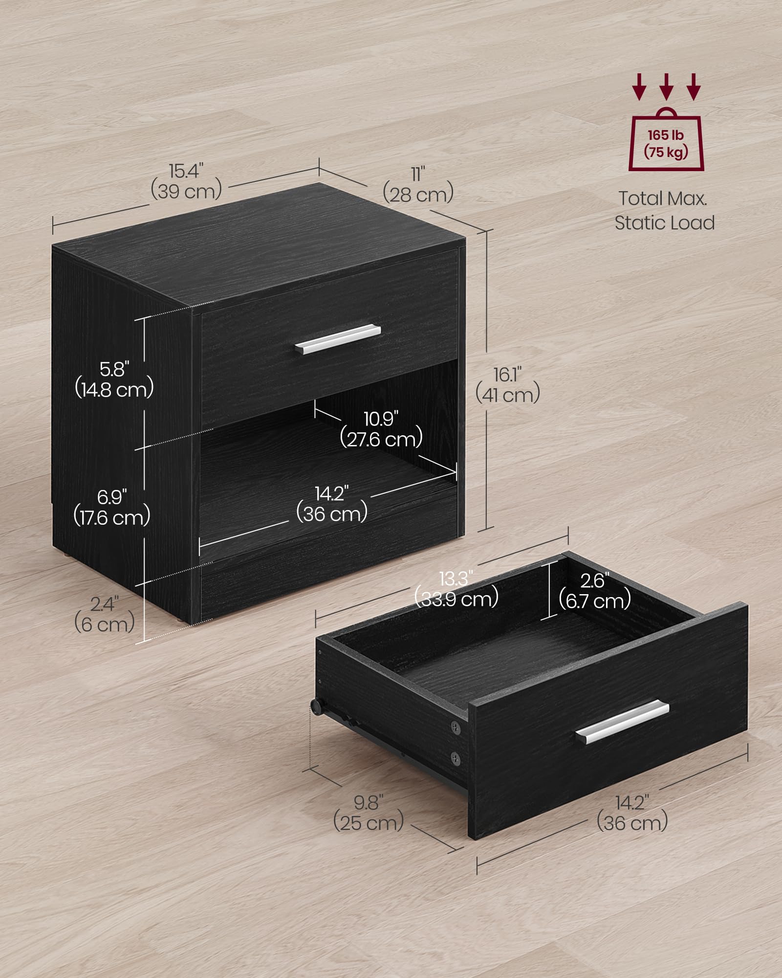VASAGLE Bedside Table - Modern Look | Drawer & Open Compartment | 28 x 39 x 41 cm 5
