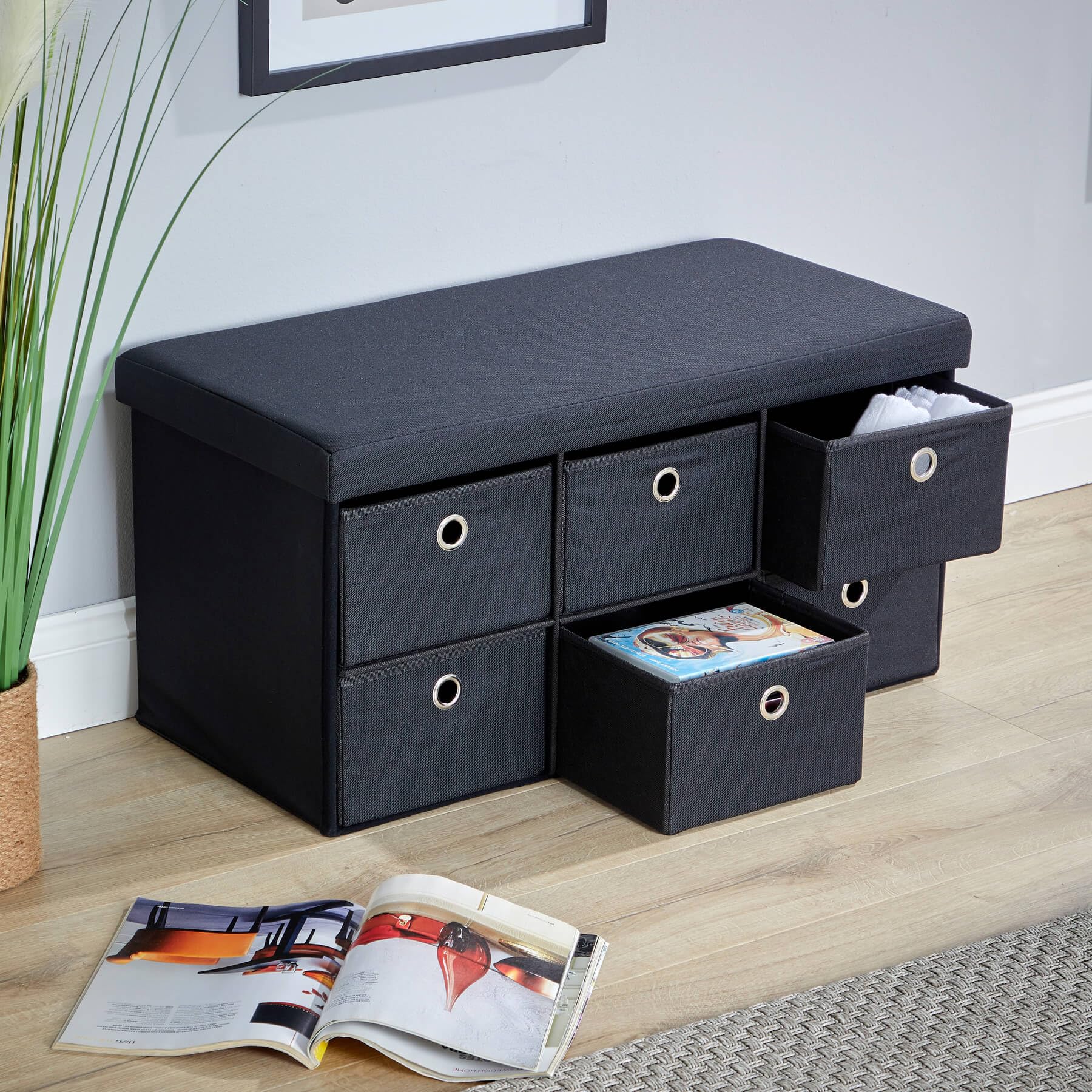 Home Source Folding Ottoman with 6 Drawers Storage Chest | Boucle Fabric | 76W x 38D x 38H cm 2
