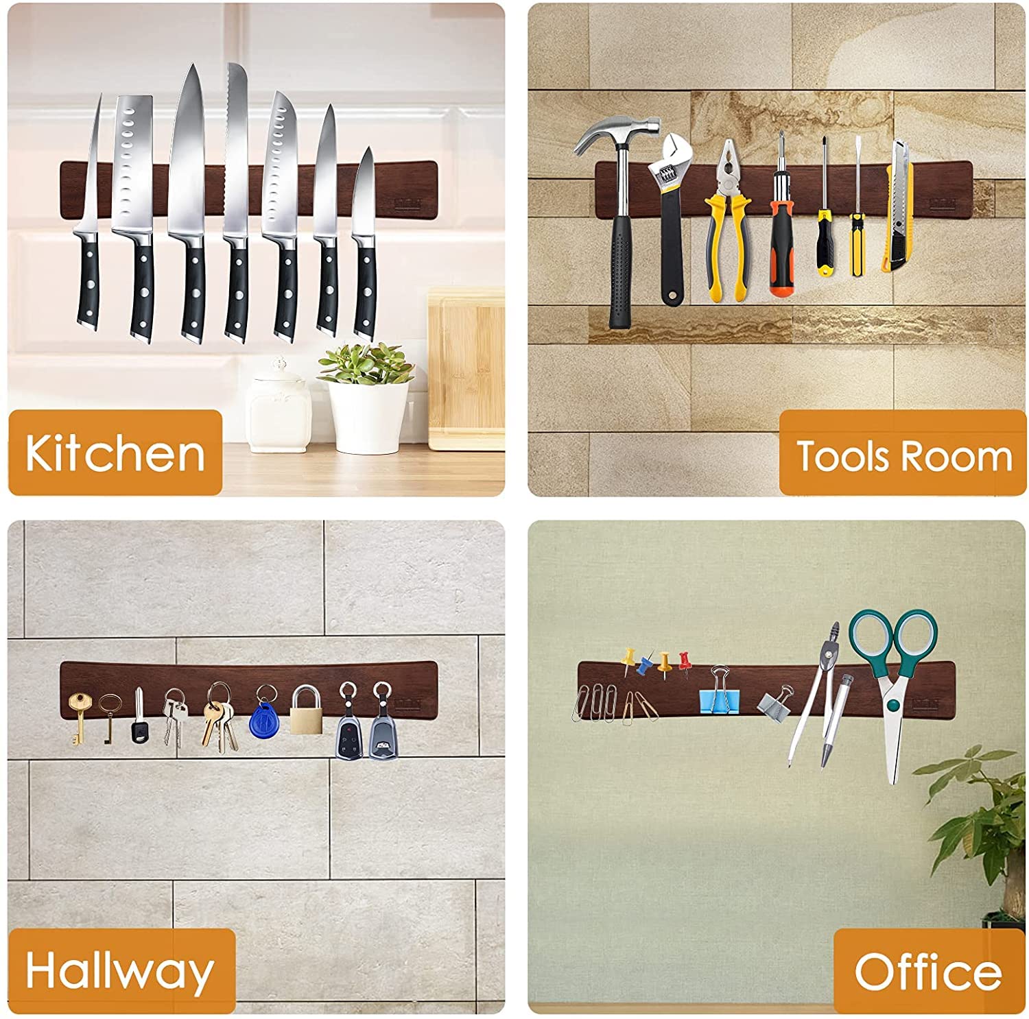 HOSHANHO Acacia Wood Magnetic Knife Strip Holder - 40 cm Length | Wall Mounted | Dual Installation 6