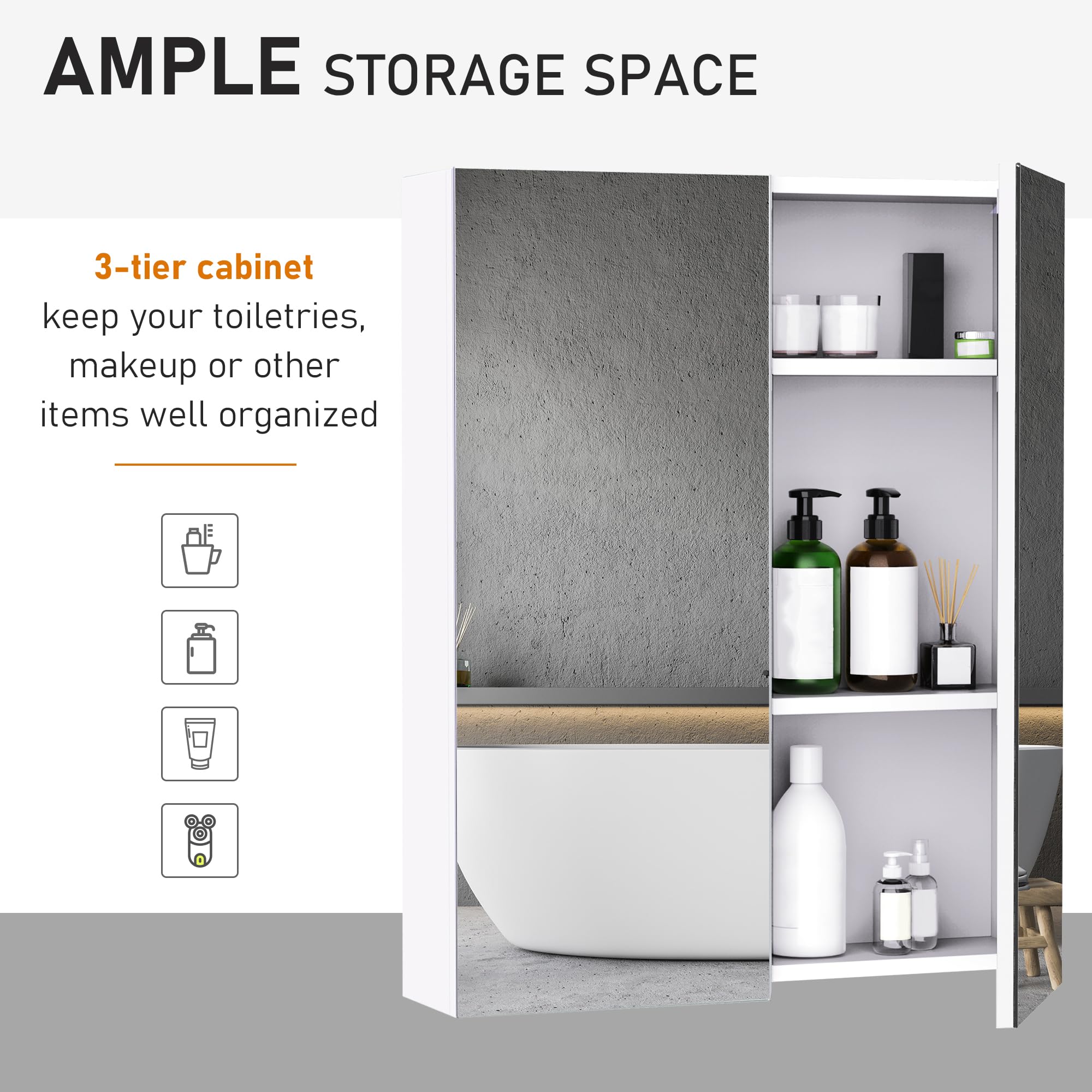 HOMCOM Wall Mount Bathroom Mirror Cabinet with Adjustable Shelf | White MDF | 60W x 15D x 75H cm 4