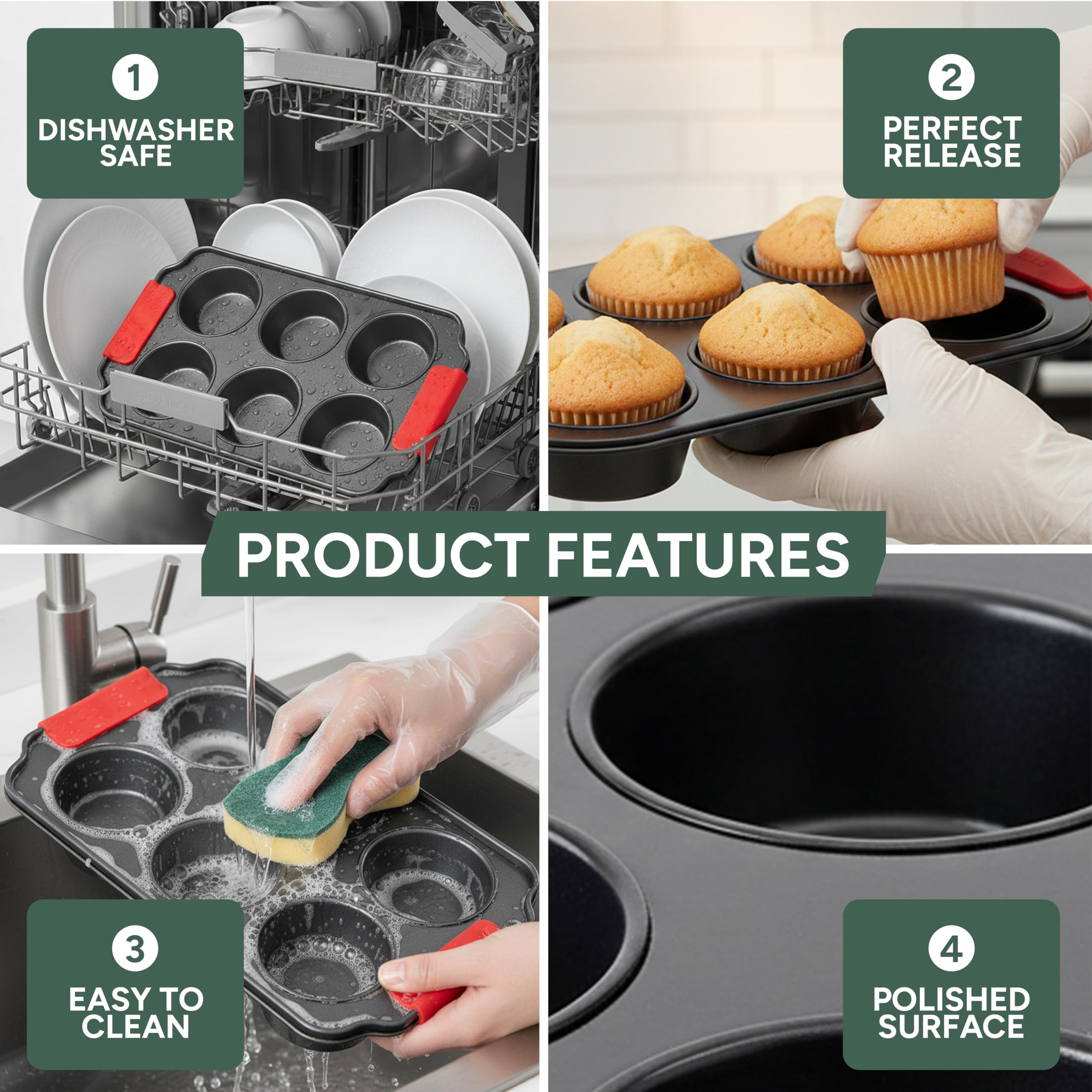 Zuvo Non-Stick 6 Cup Muffin & Cupcake Tin Tray with Silicone Handles | Carbon Steel 5