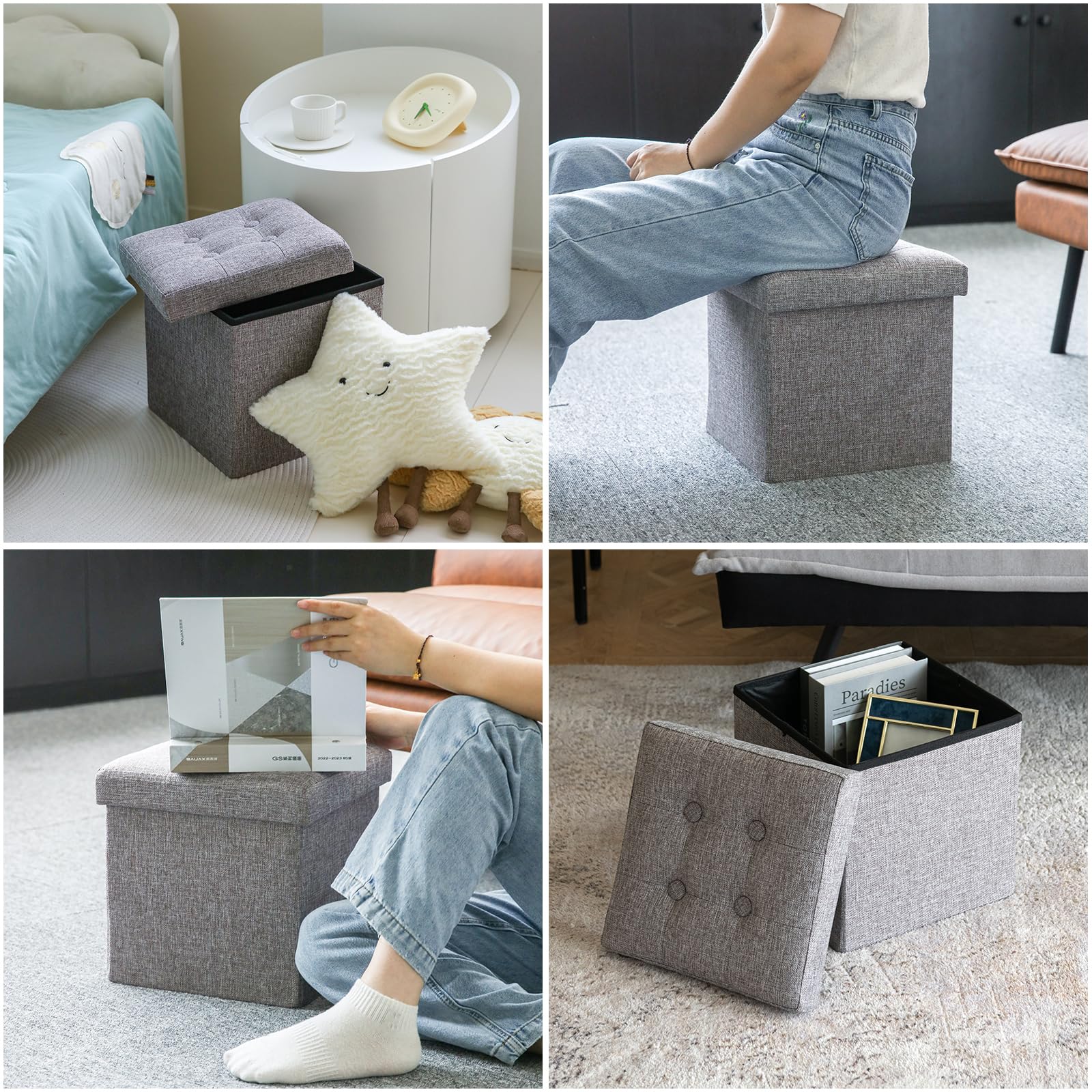 Oak & Tea Storage Ottoman Bench - Foldable, Padded Seat | Grey Linen | 30x30x30 cm 4
