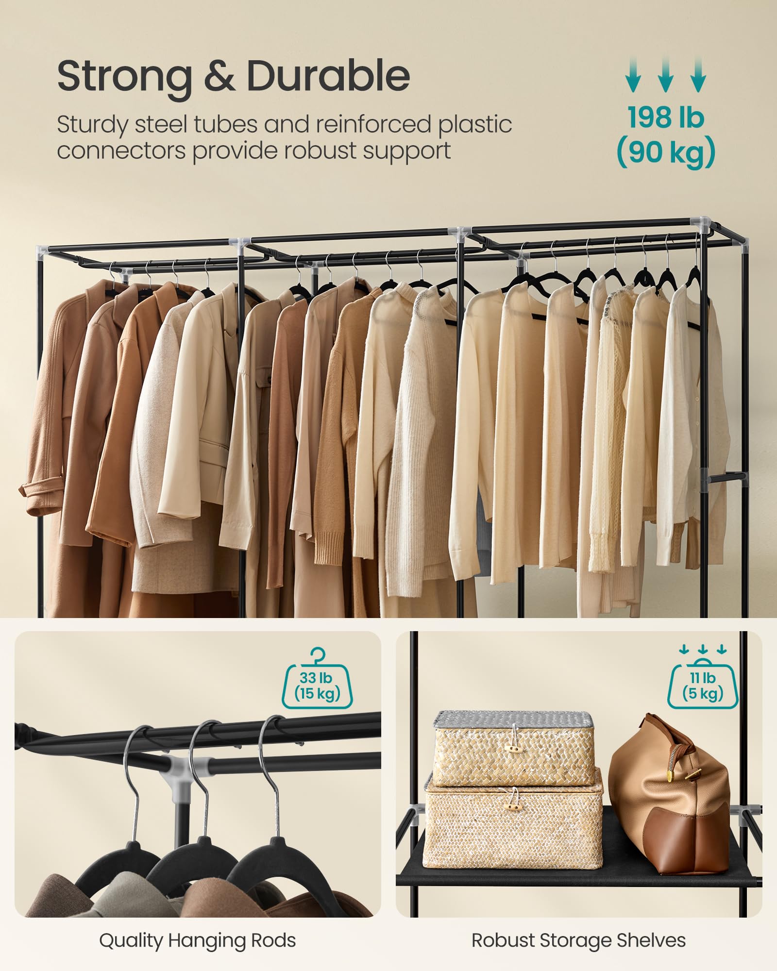SONGMICS Portable Clothes Wardrobe - 3 Hanging Sections | 188W cm | Black 3