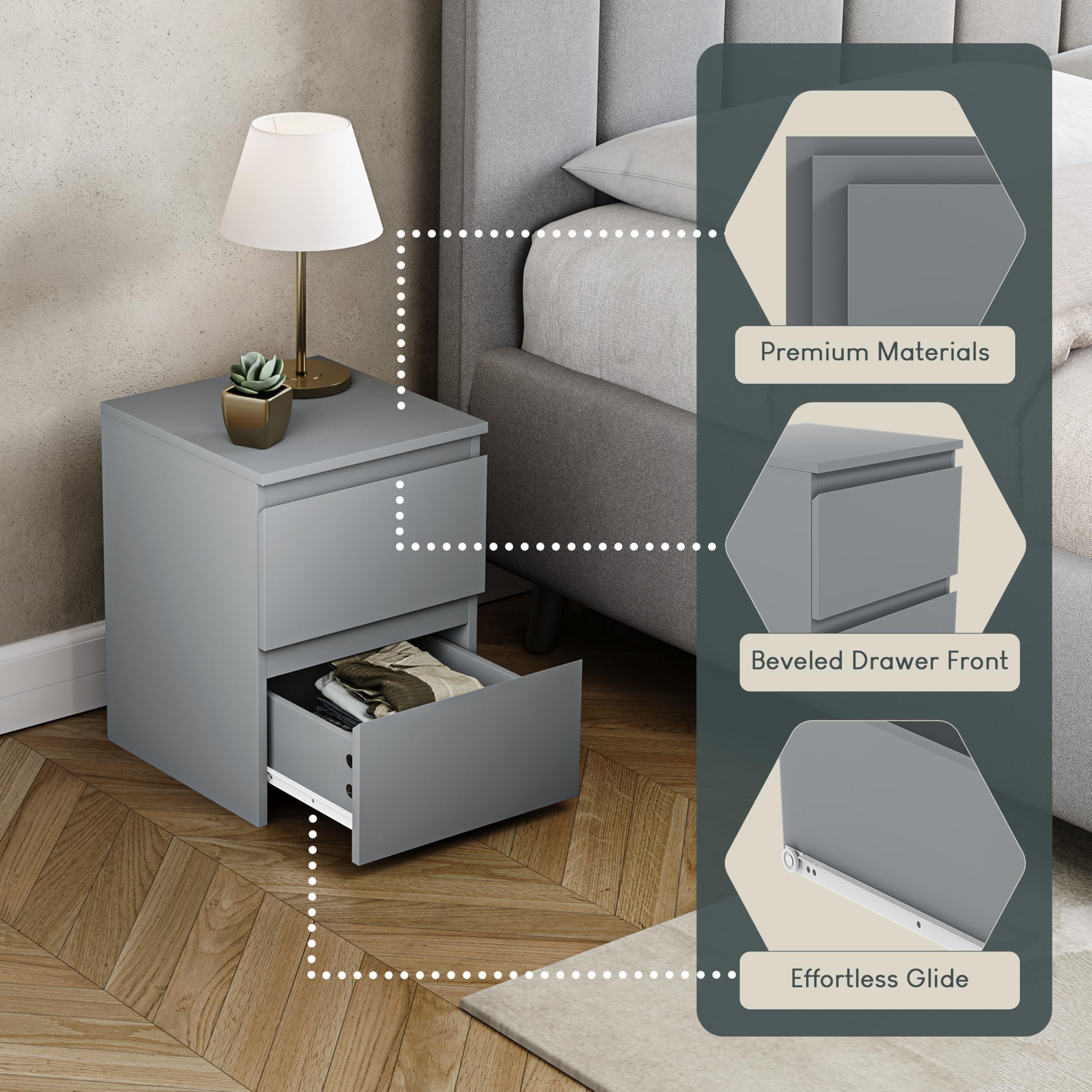 Vida Designs Denver 2 Drawer Bedside Chest - Modern Style | H: 40cm | Grey 5