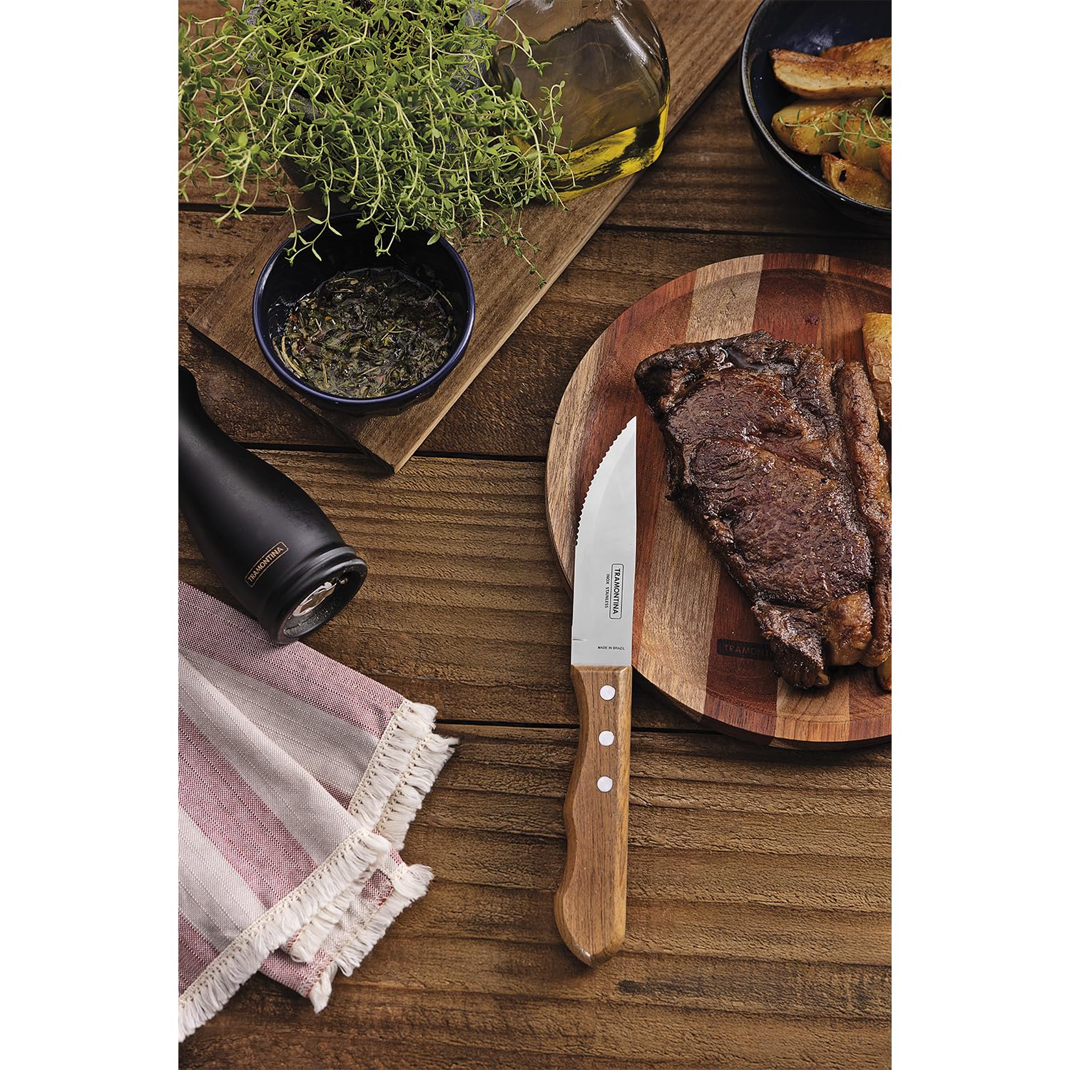 Tramontina Churrasco Collection - 4-Piece Jumbo Steak Knife Set with Serrated Stainless Steel Blades and Natural Wood Handles 7