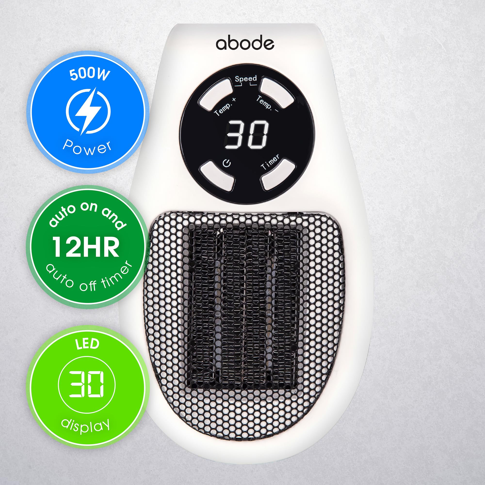 Abode 500W Compact Portable White Ceramic Plug-in Heater with 2 Heat Settings | 15°C-30°C | 12hr Timer 3