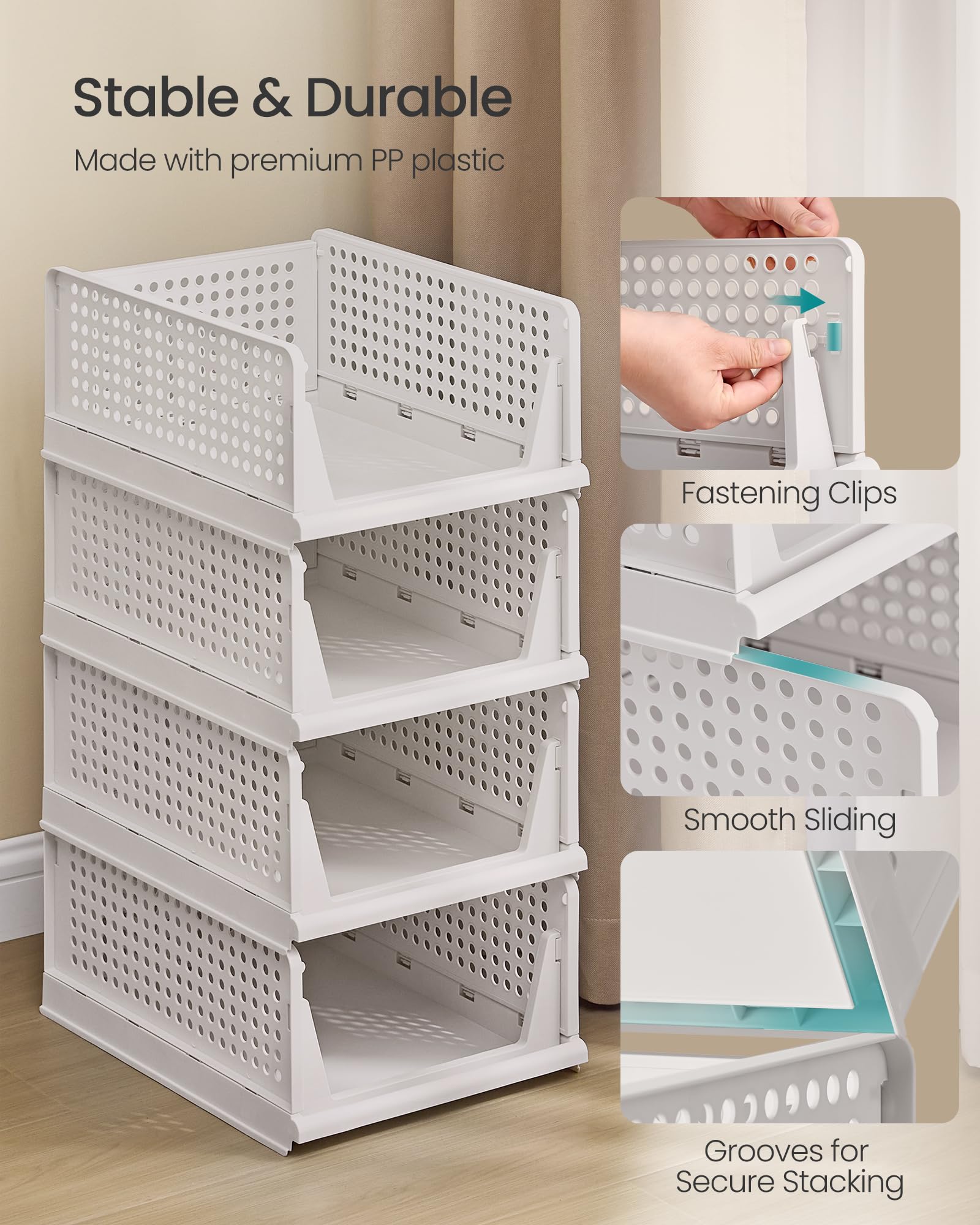 SONGMICS Set of 4 Stackable Foldable Closet Organiser Baskets | White PP Plastic | 43x33x71cm Total 5