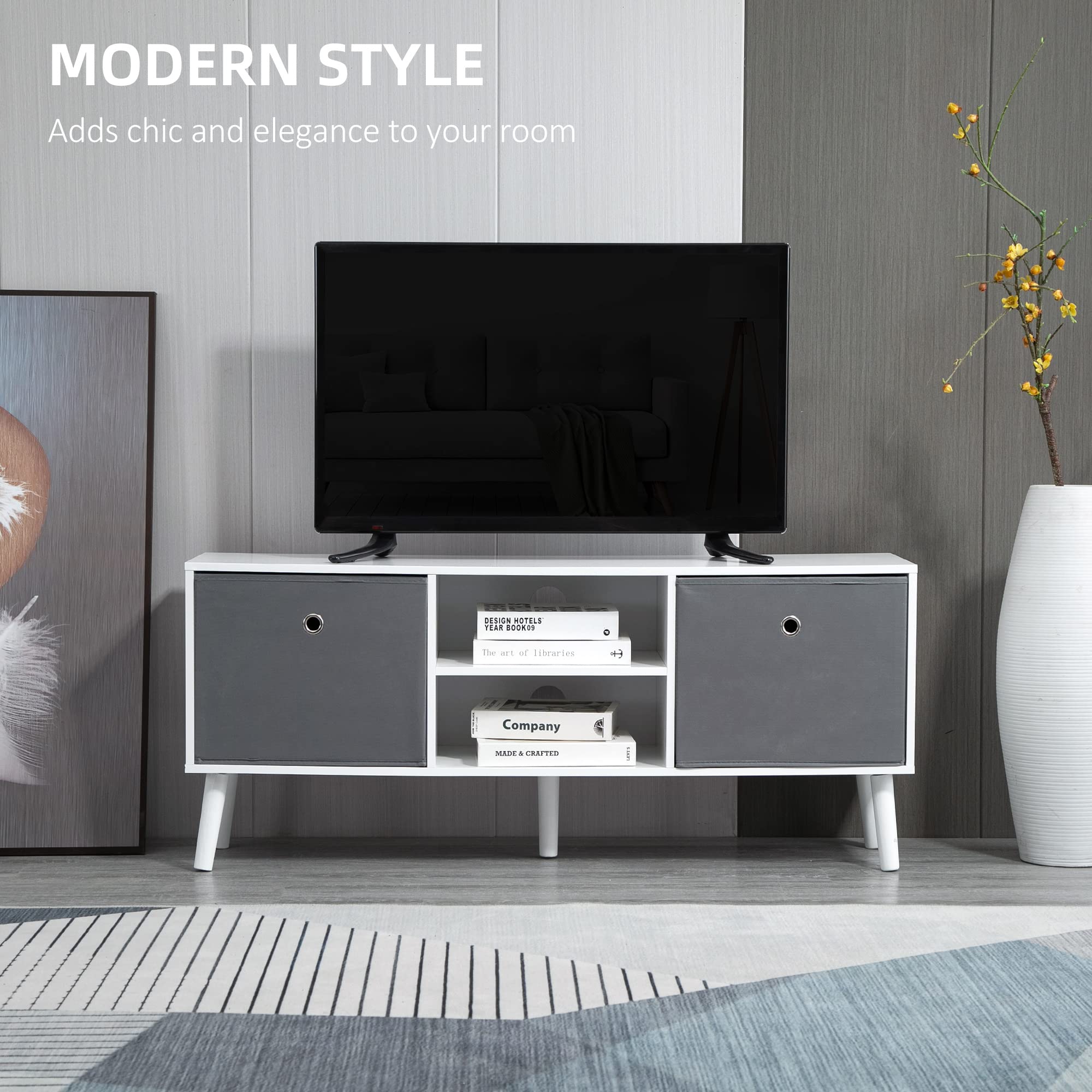 HOMCOM TV Stand Unit for TVs up to 50' | White & Grey Engineered Wood | 2 Drawers, 2 Shelves 3