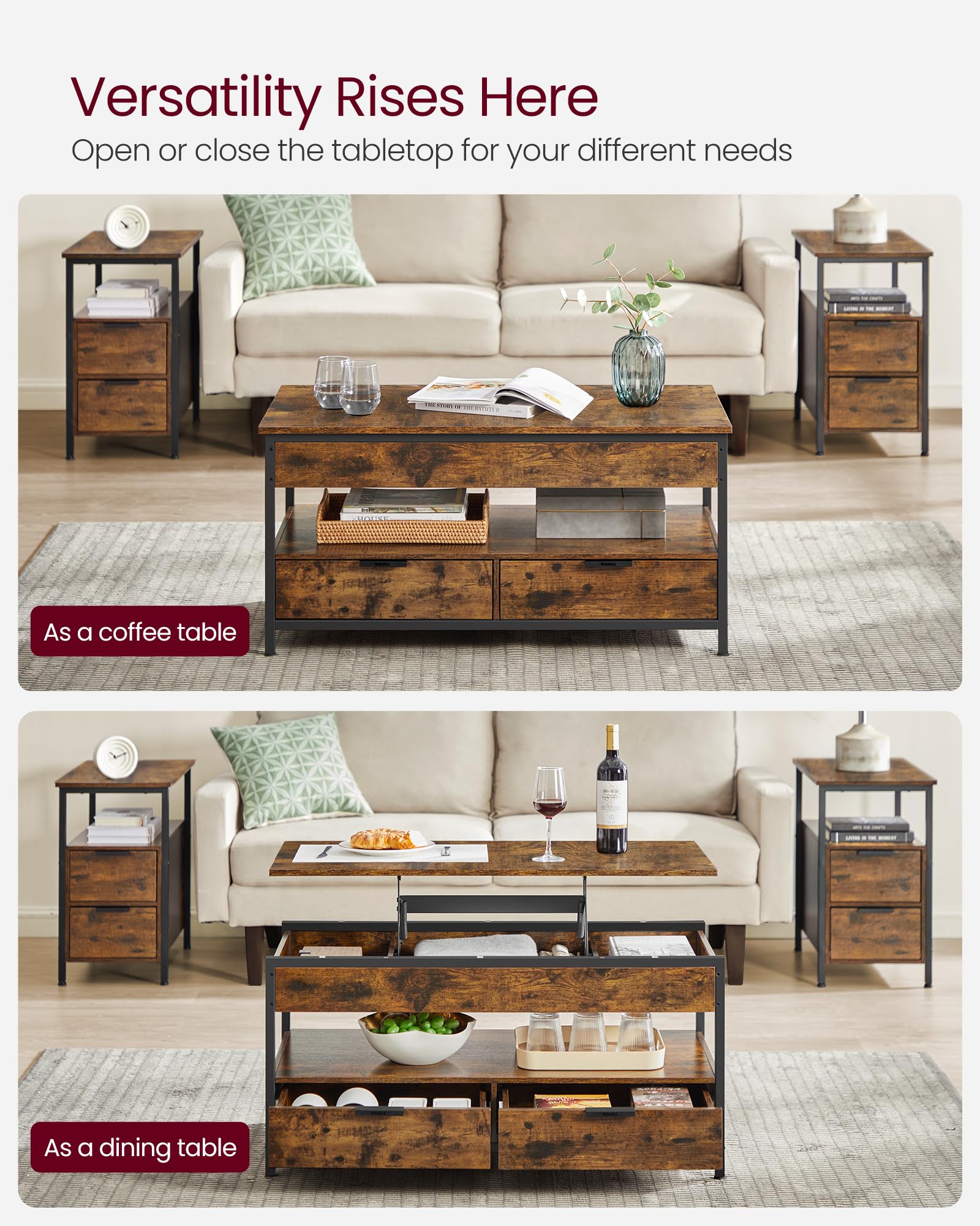 VASAGLE Lift Top Coffee Table - Storage Drawers | Rustic Brown + Ink Black | 100cm Wide 4