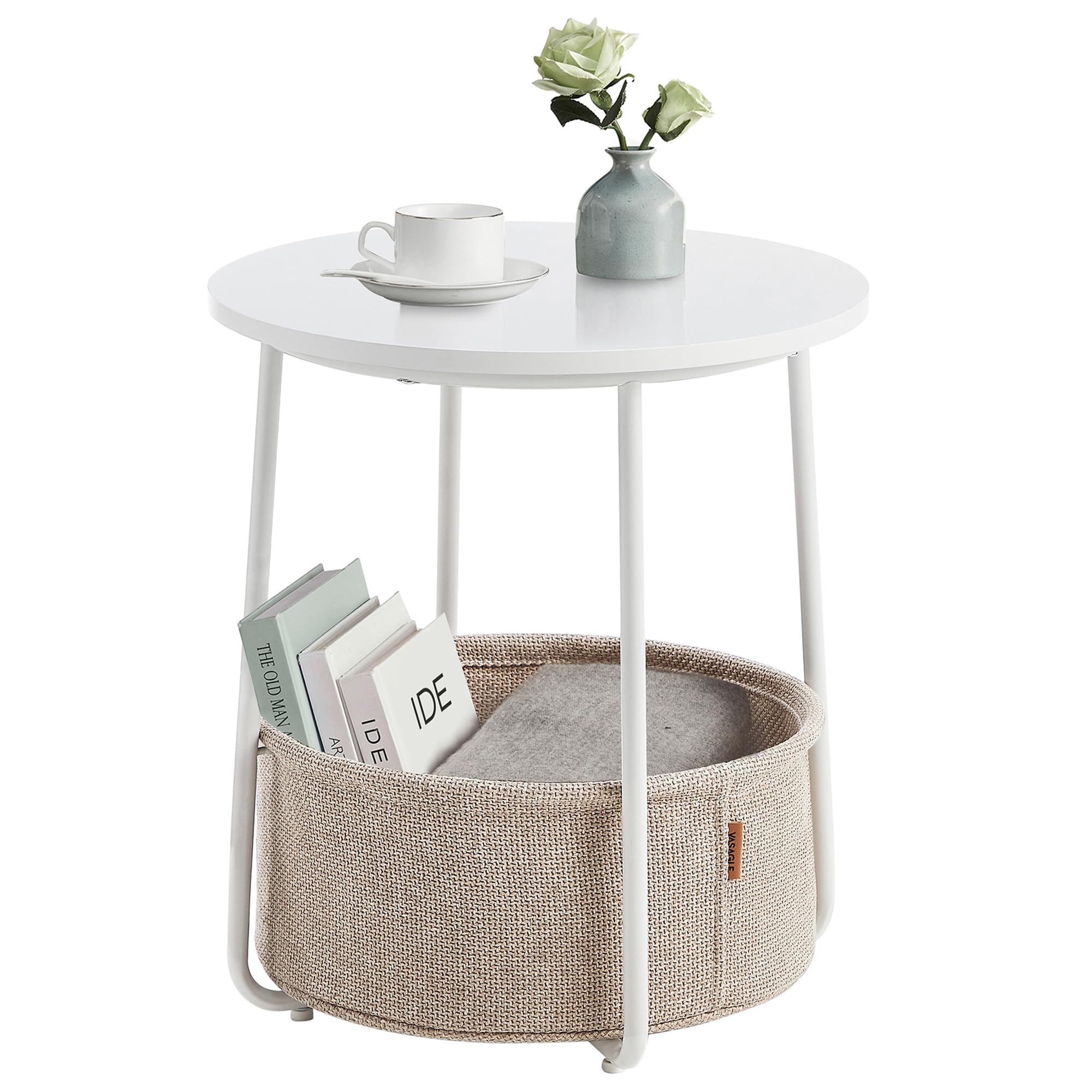 VASAGLE Round End Table - 45 cm Dia. Side Table with Beige Fabric Basket | Matte White Steel Frame 1