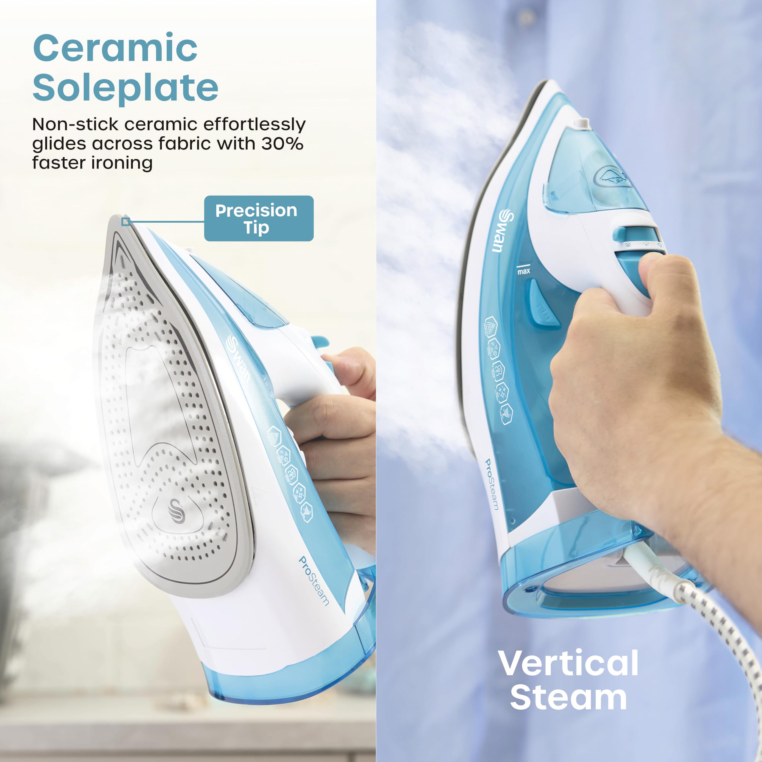 Swan SI12054AQ Steam Iron - 2600W Power | Ceramic Soleplate | Anti-Calc & Self-Clean 3