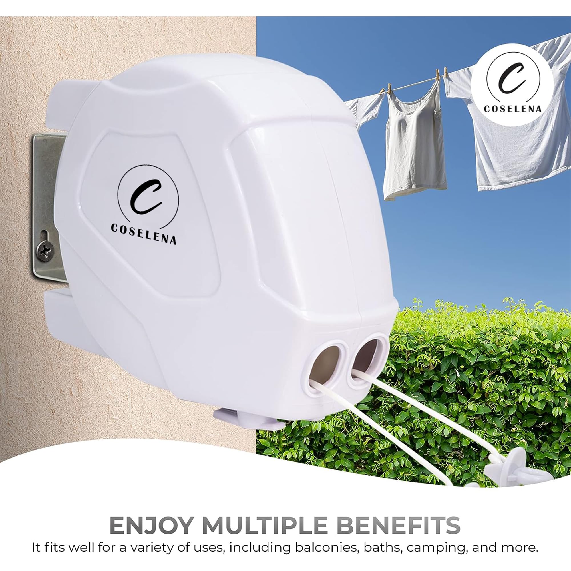 Coselena 30m Retractable Washing Line - Heavy-Duty Twin Clothes Line | Wall Mounted | Indoor/Outdoor 4