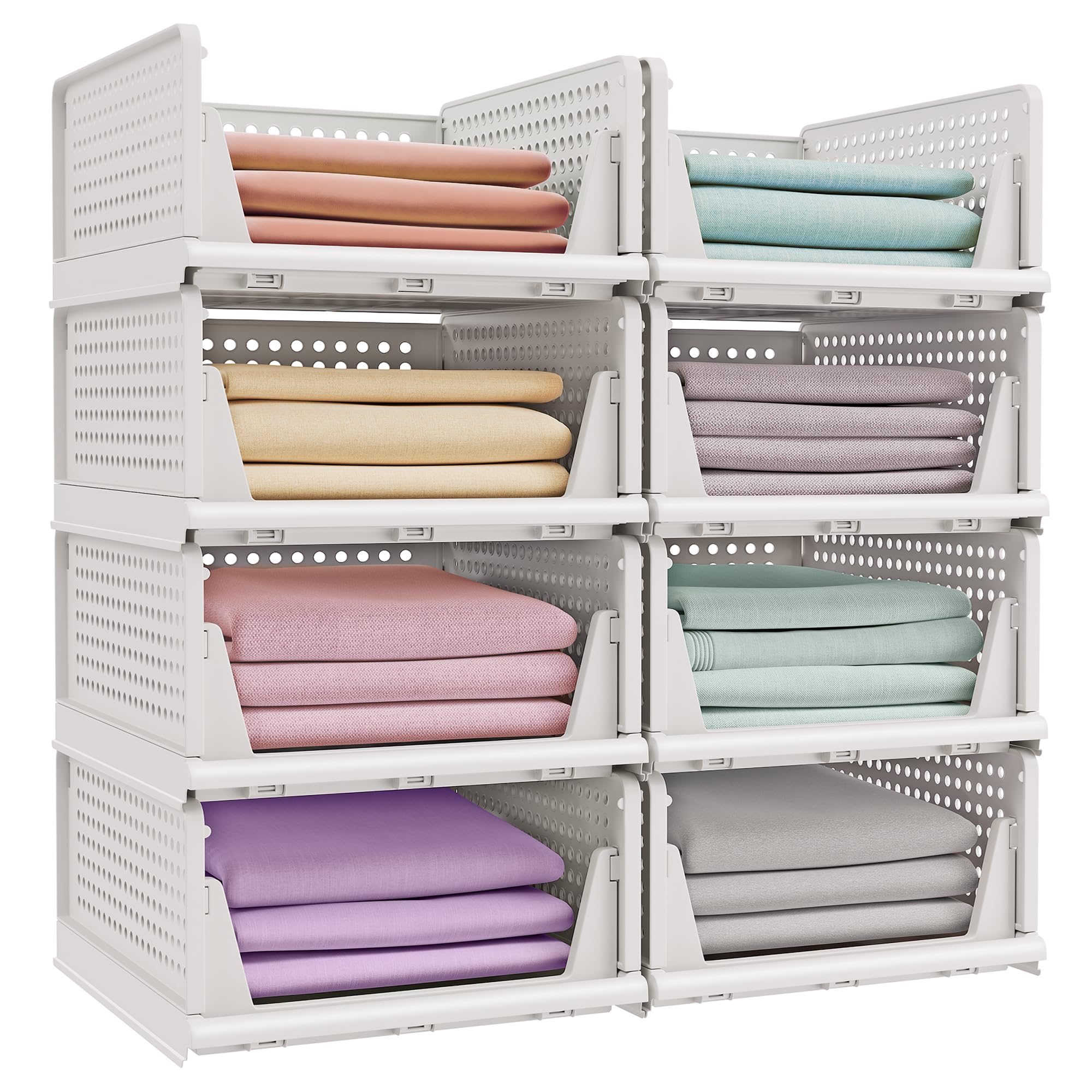SONGMICS Stackable Wardrobe Storage - Set of 8 Foldable Closet Organisers | PP Plastic | White 1