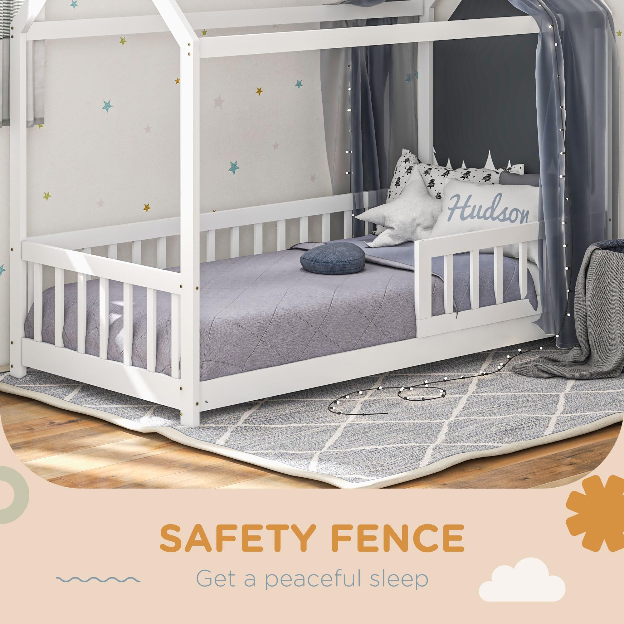 HOMCOM Toddler Bed Single House-Shaped Frame Solid Pine Wood White | 120kg Capacity 6