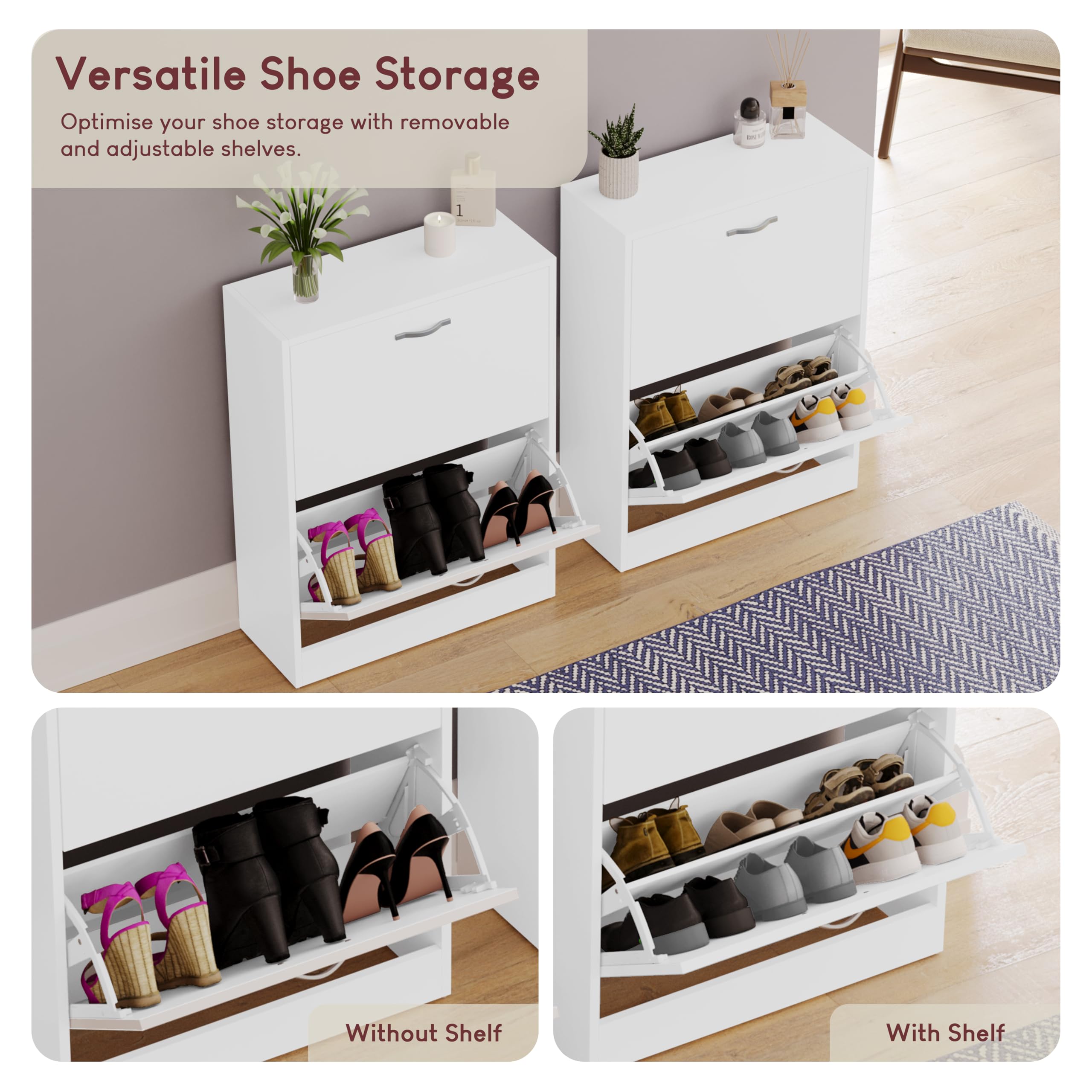 Vida Designs Wooden Shoe Cabinet - 2 Pull-Down Drawers | Slim, Space-Saving Entryway Storage | White 6