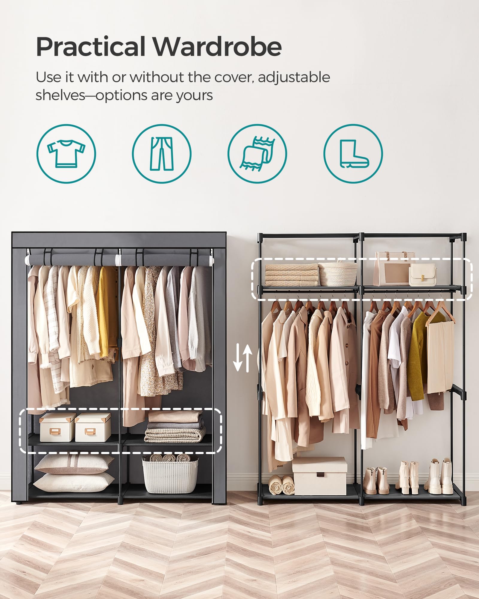 SONGMICS Portable Foldable Closet Wardrobe with 2 Hanging Rails | Grey | 140x43x174cm 3