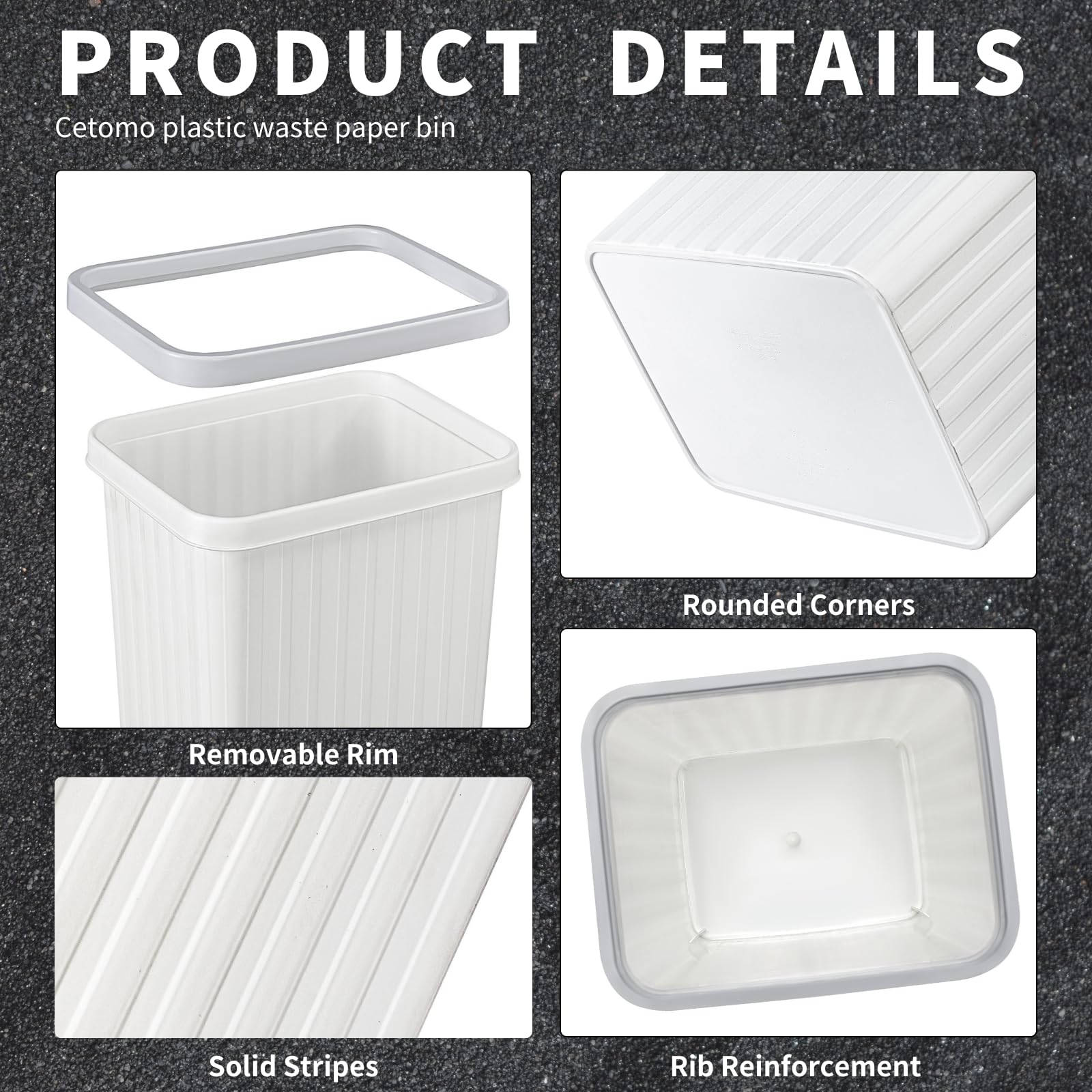 Cetomo 8.2L Plastic Waste Paper Bins - Set of 3 | Compact | White | Removable Rim 2