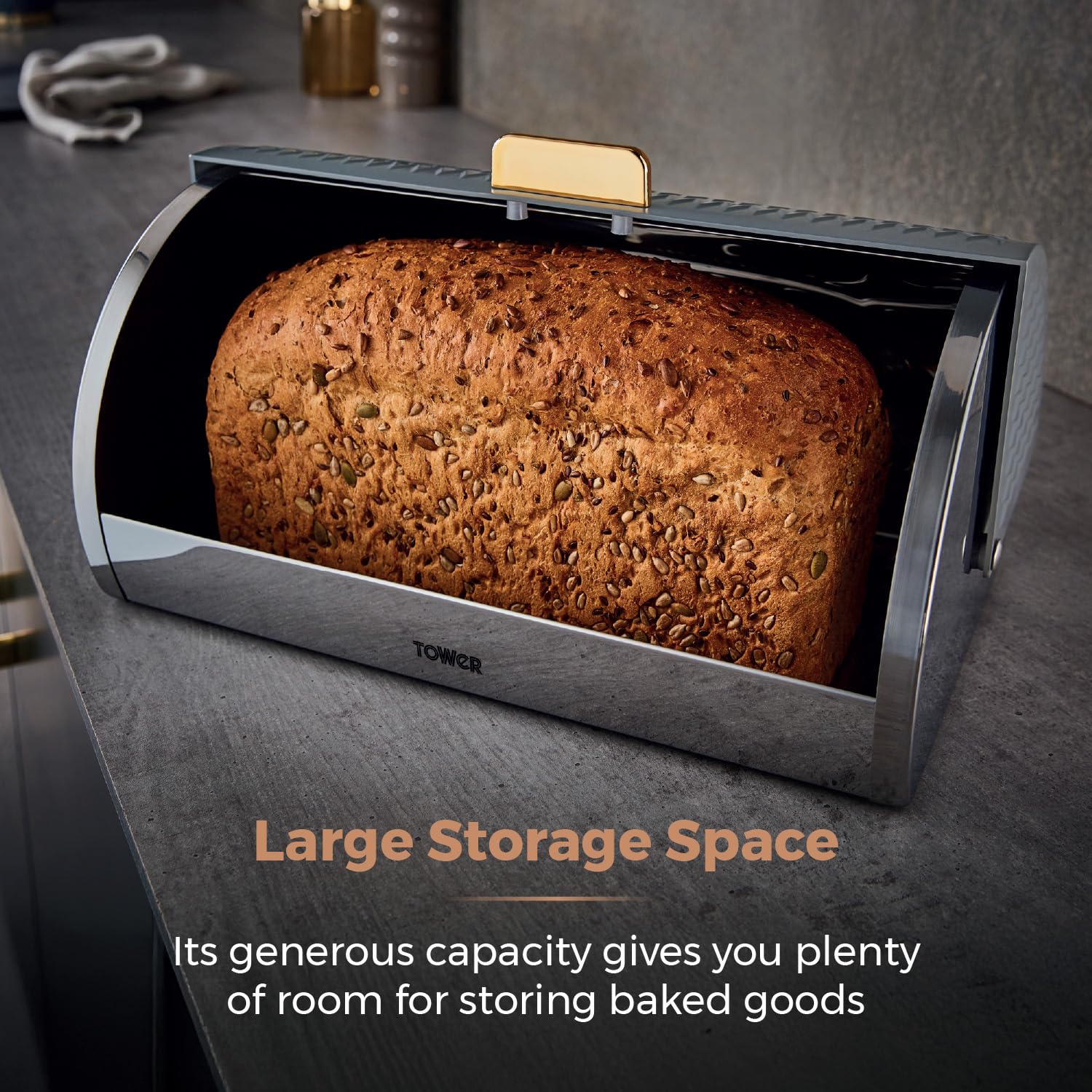 Tower T826090GRY Empire Roll Top Bread Bin - Stainless Steel, Grey/Brass | Large Capacity | Ventilated 3