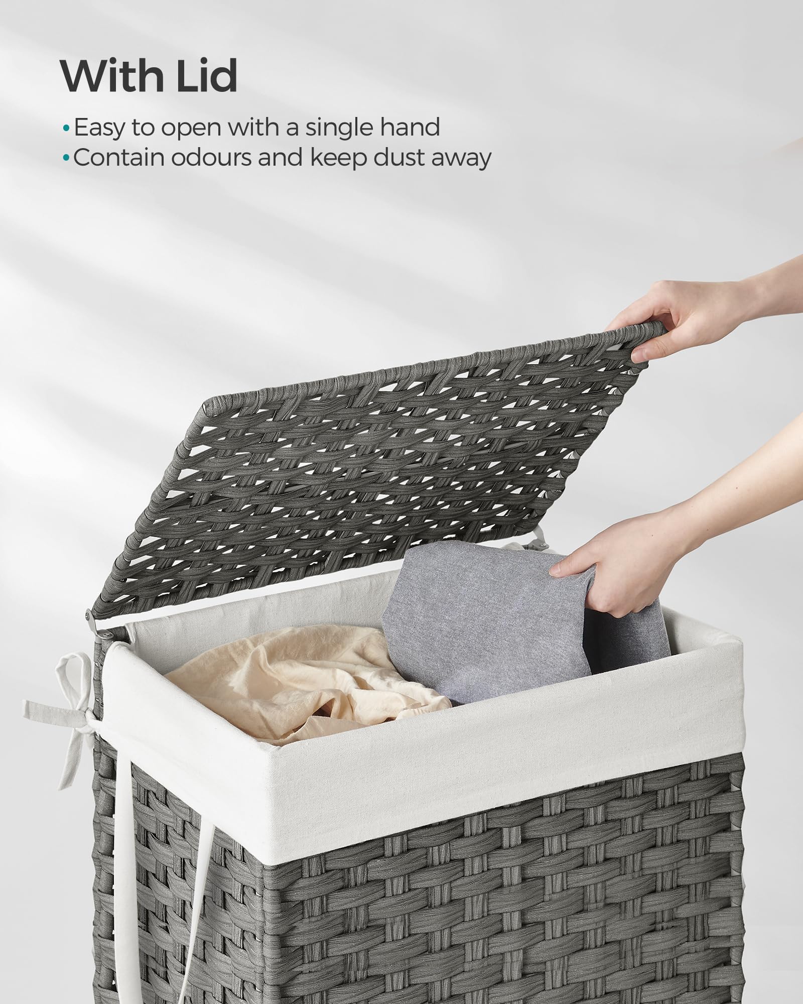 SONGMICS 90L Foldable Laundry Basket with Lid and Removable Bag | Grey | 46x33x60cm 3