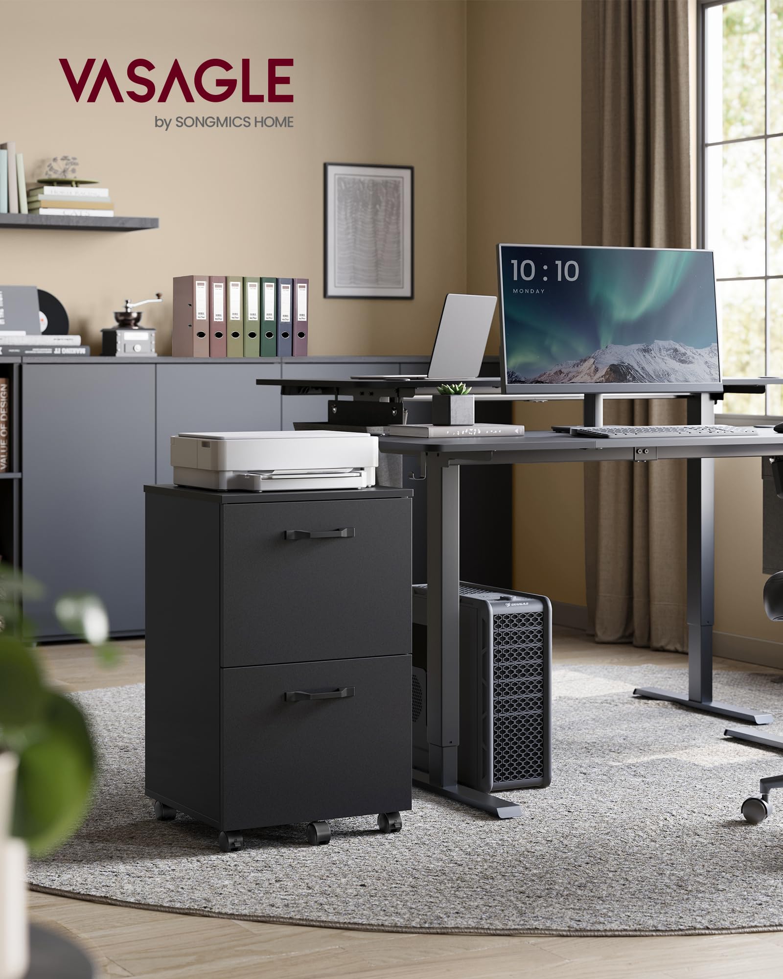 VASAGLE 2-Drawer Mobile File Cabinet - Rolling, Lockable, Printer Stand for A4/Letter Files | Matte Black