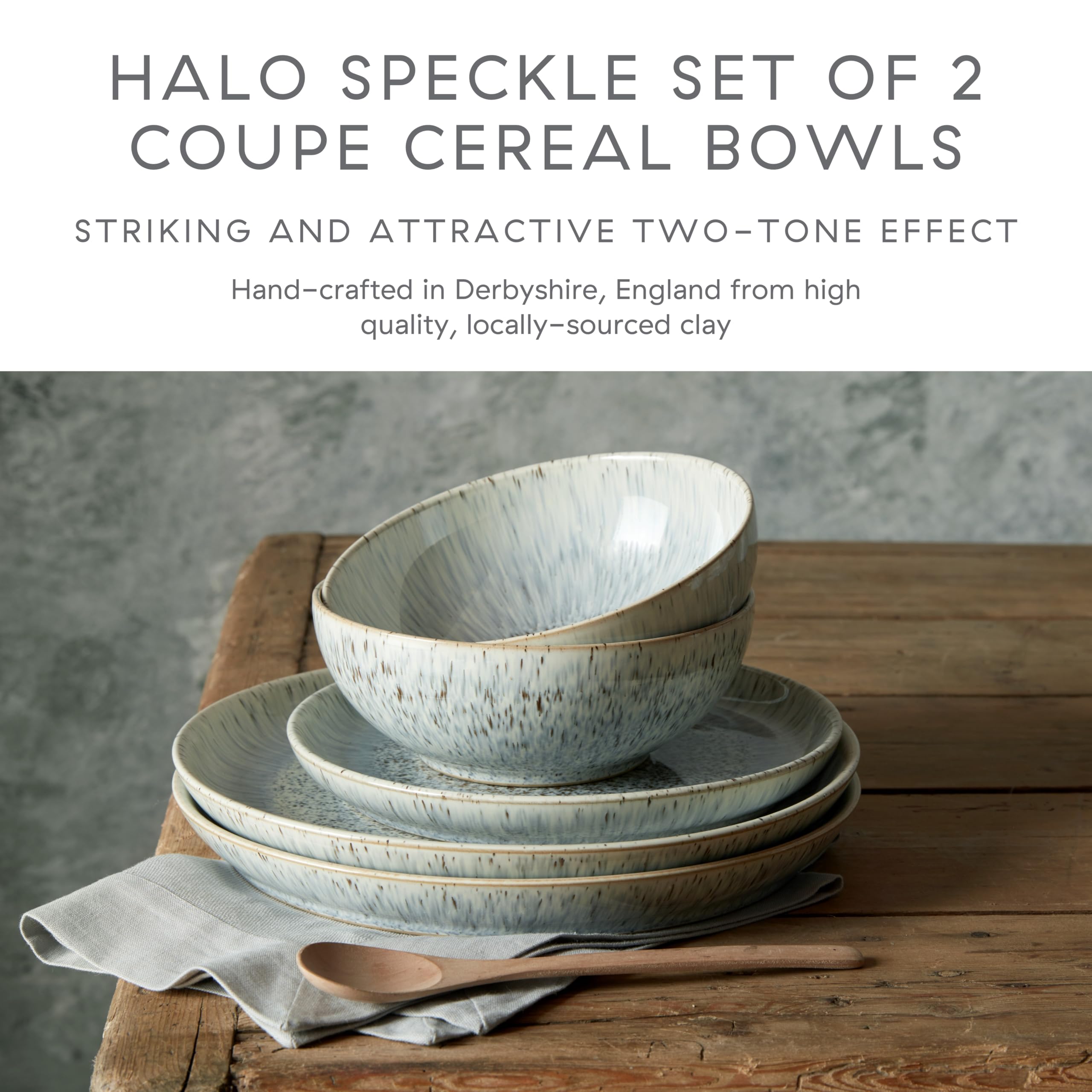 Denby Halo Speckle Cereal Bowls Set of 2 - Grey, Neutral Patterned Coupe Stoneware 2