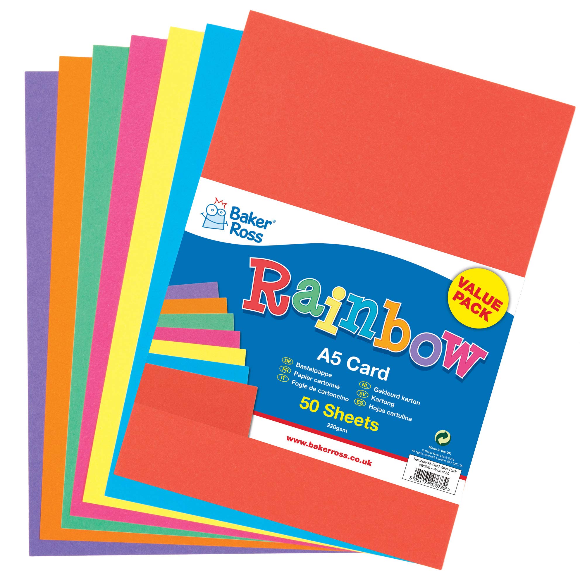 Baker Ross AV534 A5 Rainbow Coloured Card (220gsm) - 50 Sheets for Crafts 6