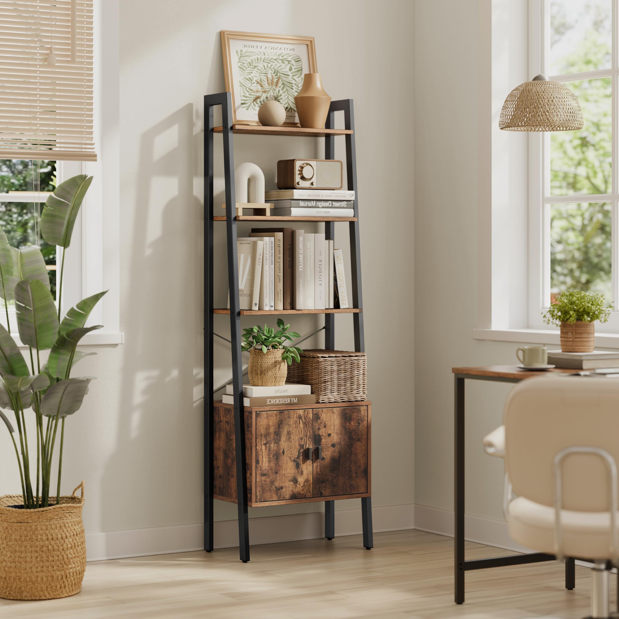 VASAGLE Shelf Ladder Bookcase - 4 Tiers with Cupboard | Industrial Style | Rustic Brown 2