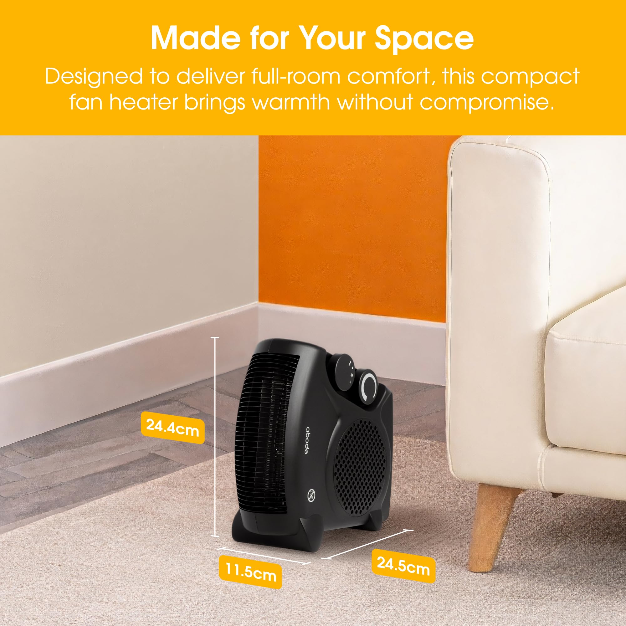 Abode AFH1001B Electric Fan Heater - 2kW Power | Adjustable Thermostat | Horizontal/Vertical Use 5