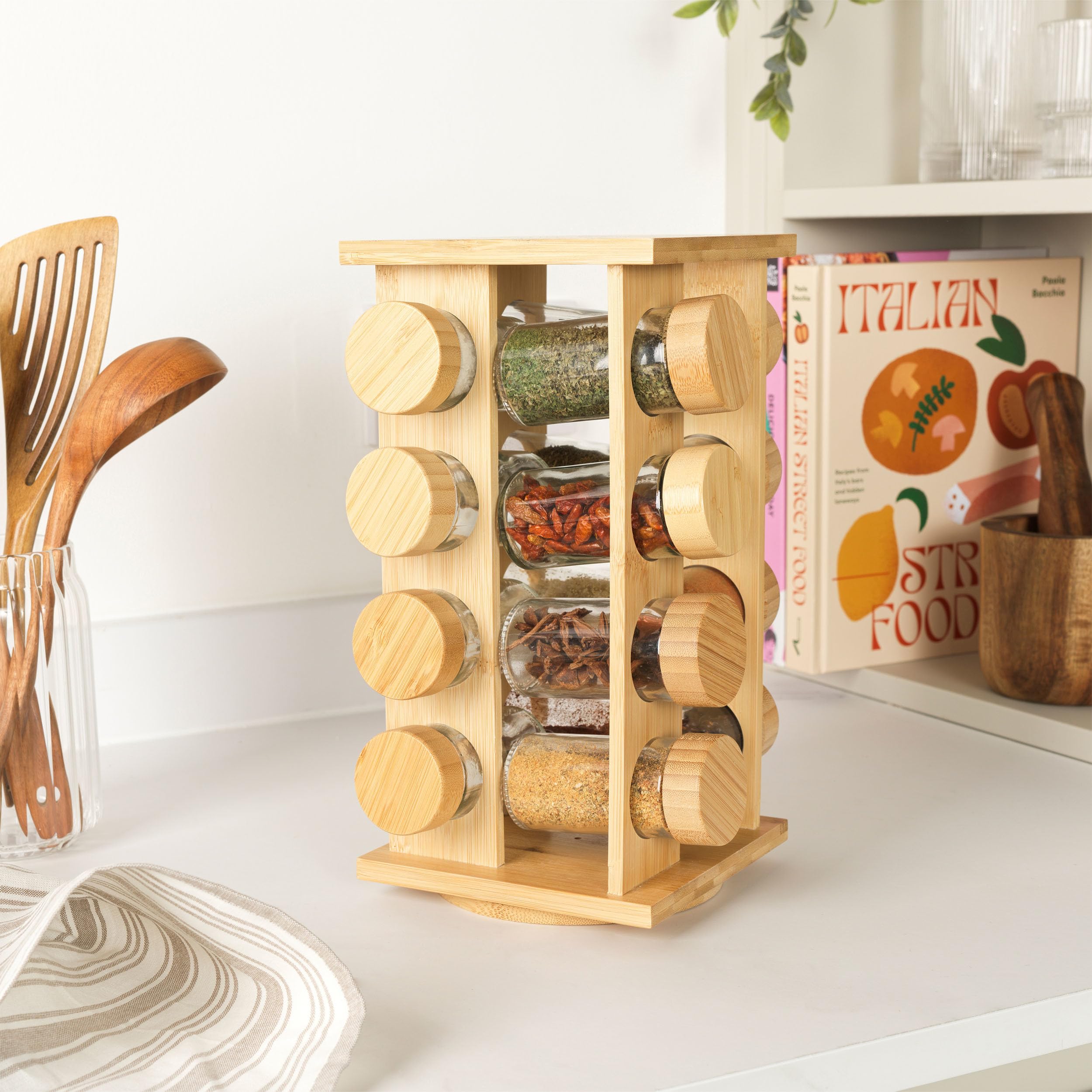 Salter Rotating Bamboo Spice Rack - 16 Jars Included | Countertop Storage | Bamboo Material 7