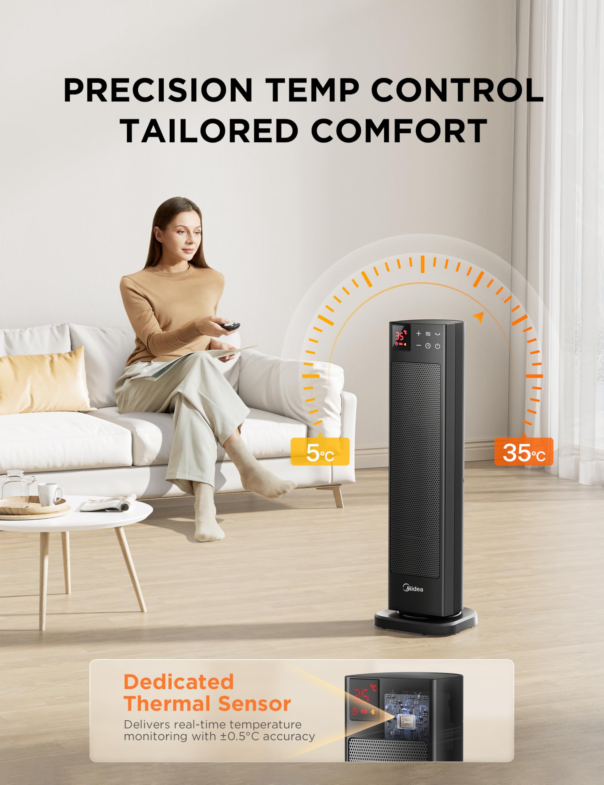 Midea Electric Space Heater MTH201ERB - 2000W Ceramic, 3 Modes, Remote Control, 24H Timer, Black 6
