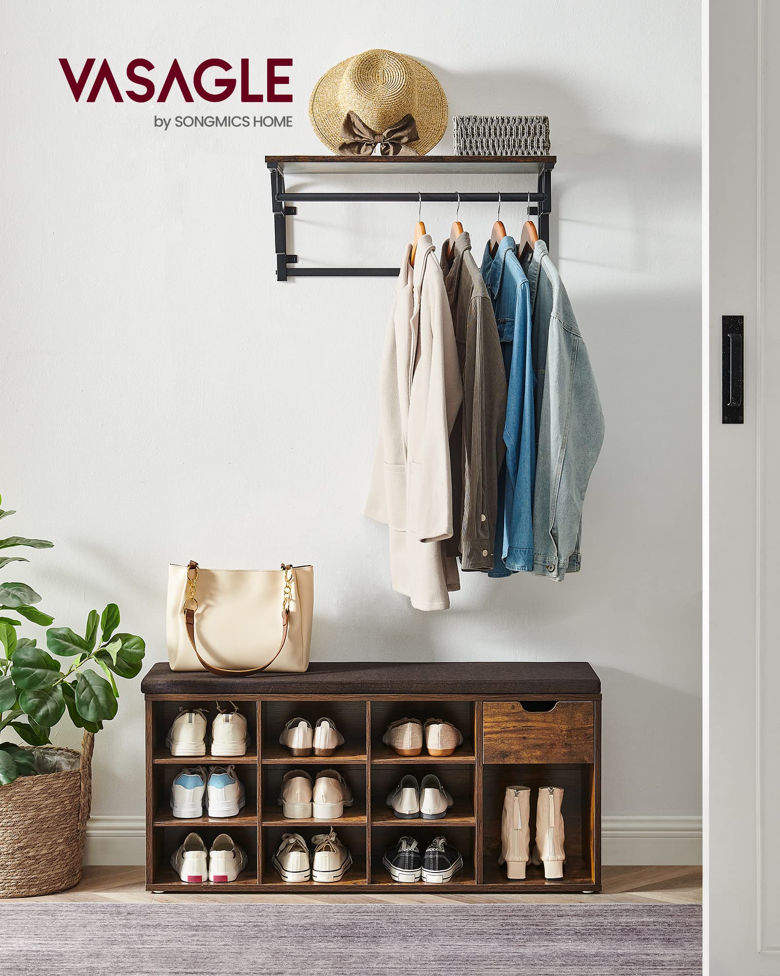 VASAGLE Shoe Storage Bench with Cushion, Drawer, and Open Compartments | 104 cm Width