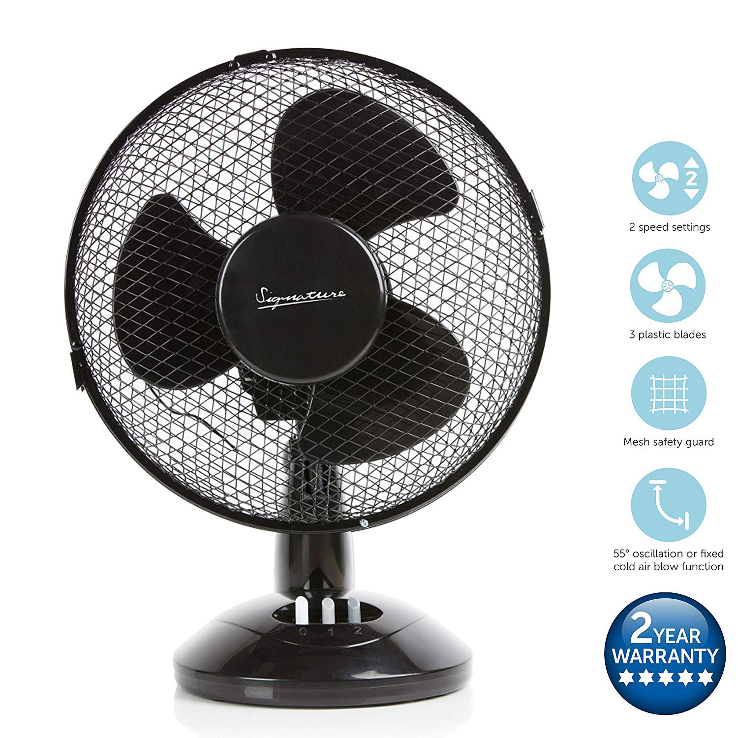 Signature S40008B 9” Desk Fan - 2 Speed Oscillation | Adjustable Tilt | Black Plastic 3