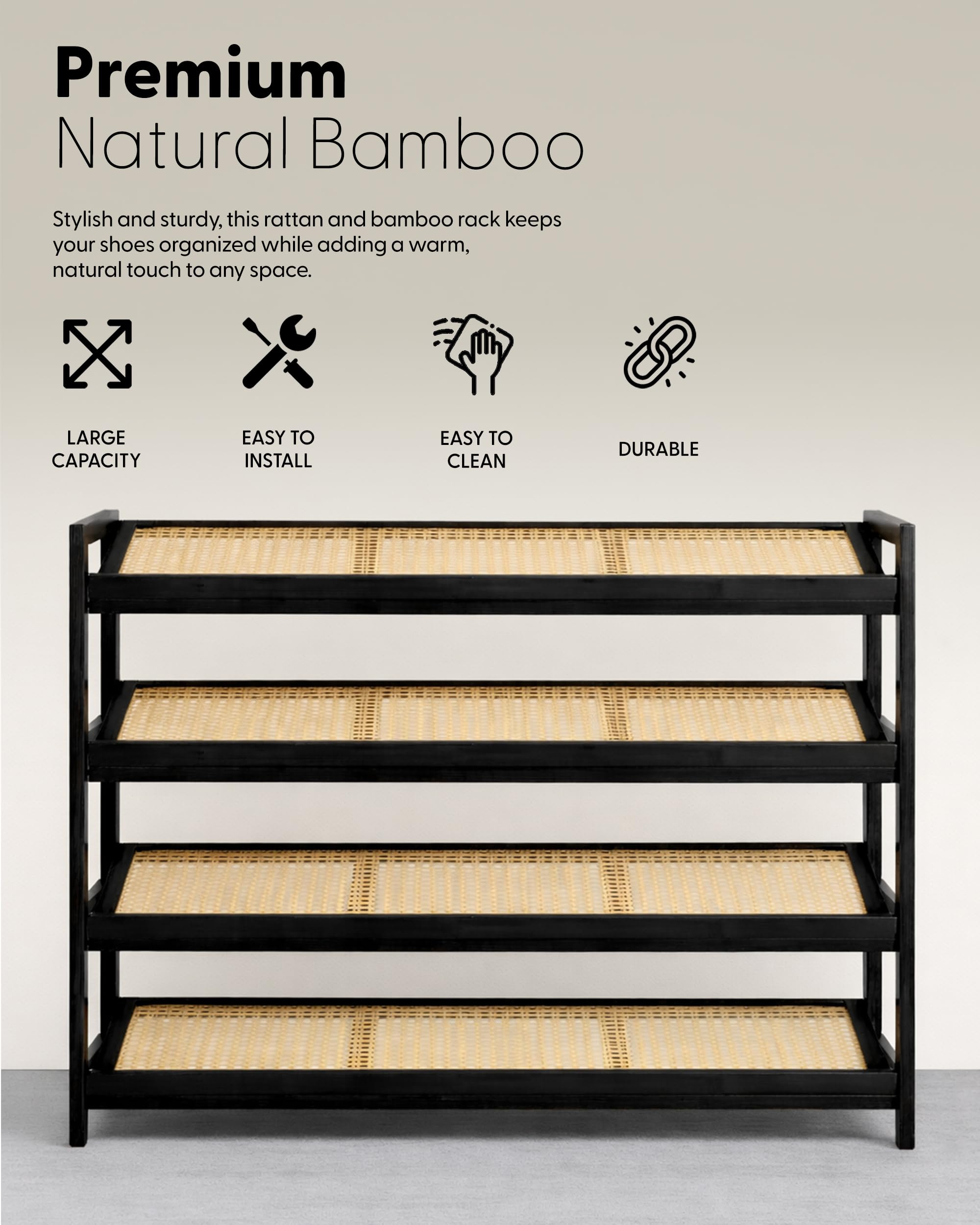 KEPLIN 4 Tier Bamboo and Rattan Shoe Rack - Natural/Black | 70x29x75 cm | Holds 12 Pairs 6