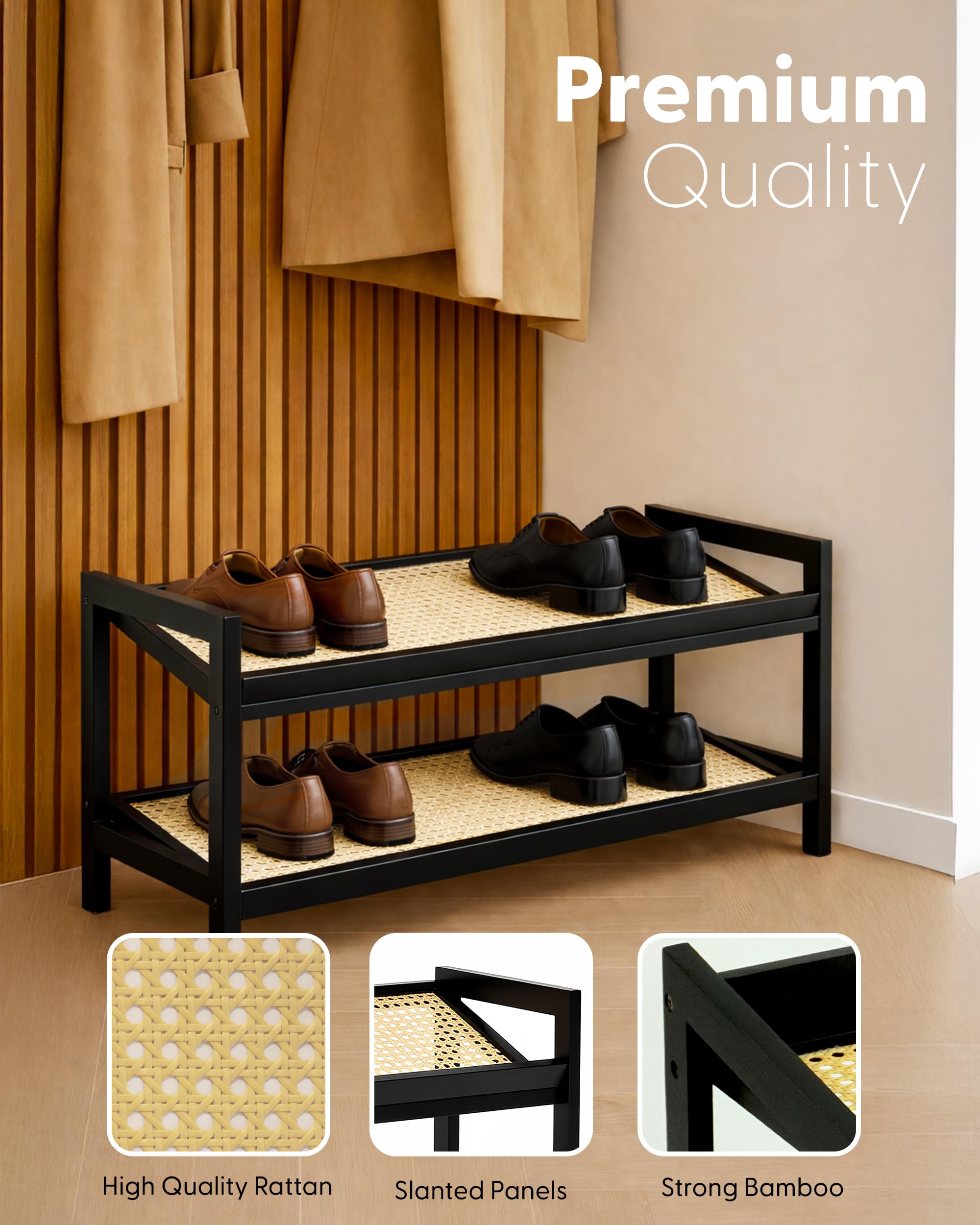 KEPLIN 2 Tier Bamboo & Rattan Shoe Rack Organizer | Compact 70cm Width | Natural/Black Finish 4