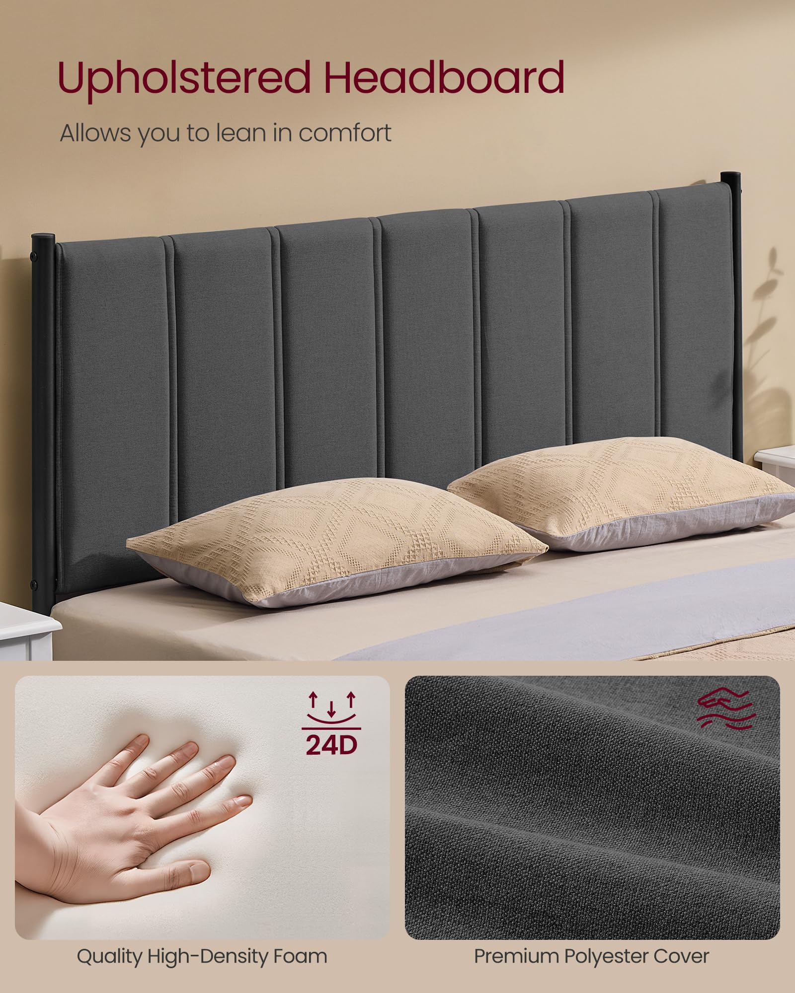 VASAGLE Double Bed Frame 135 x 190 cm with Upholstered Headboard | Noise Resistant | Slate Grey 4