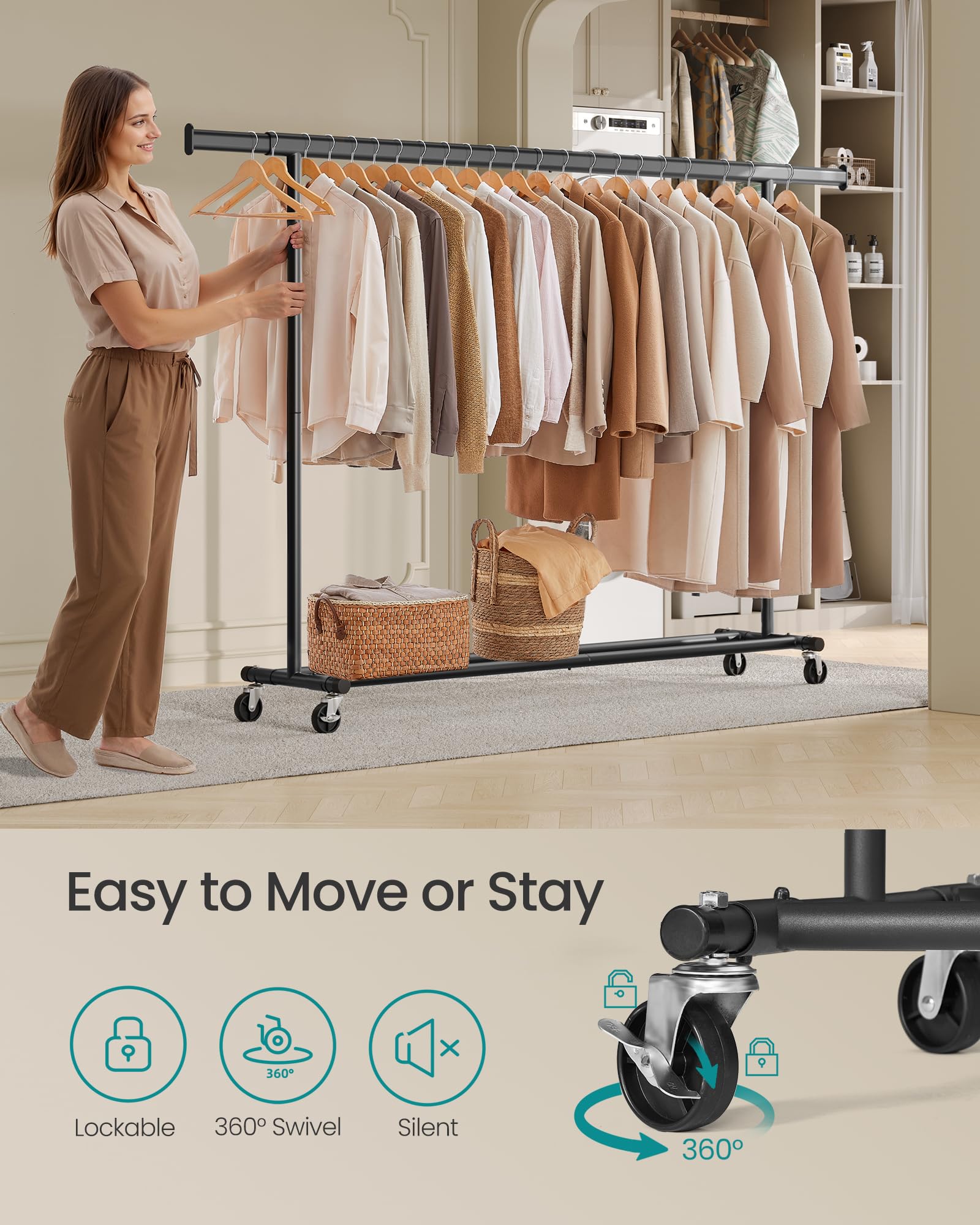 SONGMICS Heavy Duty Clothes Rack on Wheels - Extendable Rail, 150 kg Capacity | Black 4