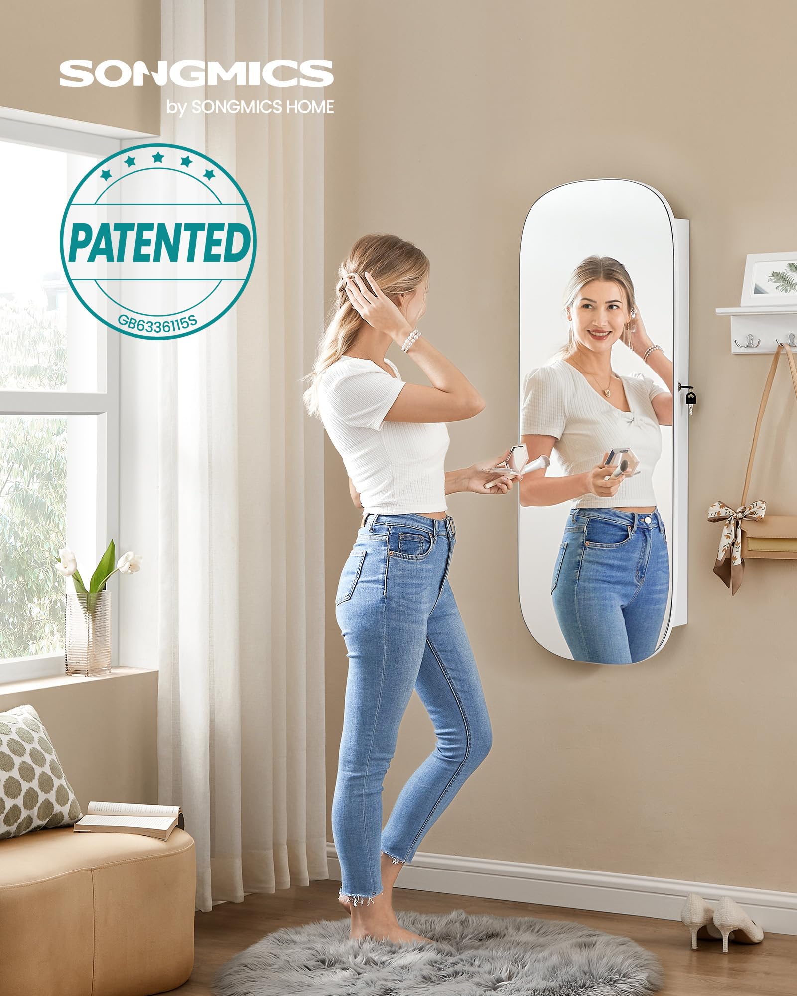 SONGMICS LED Mirror Jewellery Cabinet - Wall/Door Mounted | Lockable | White + Greige 3