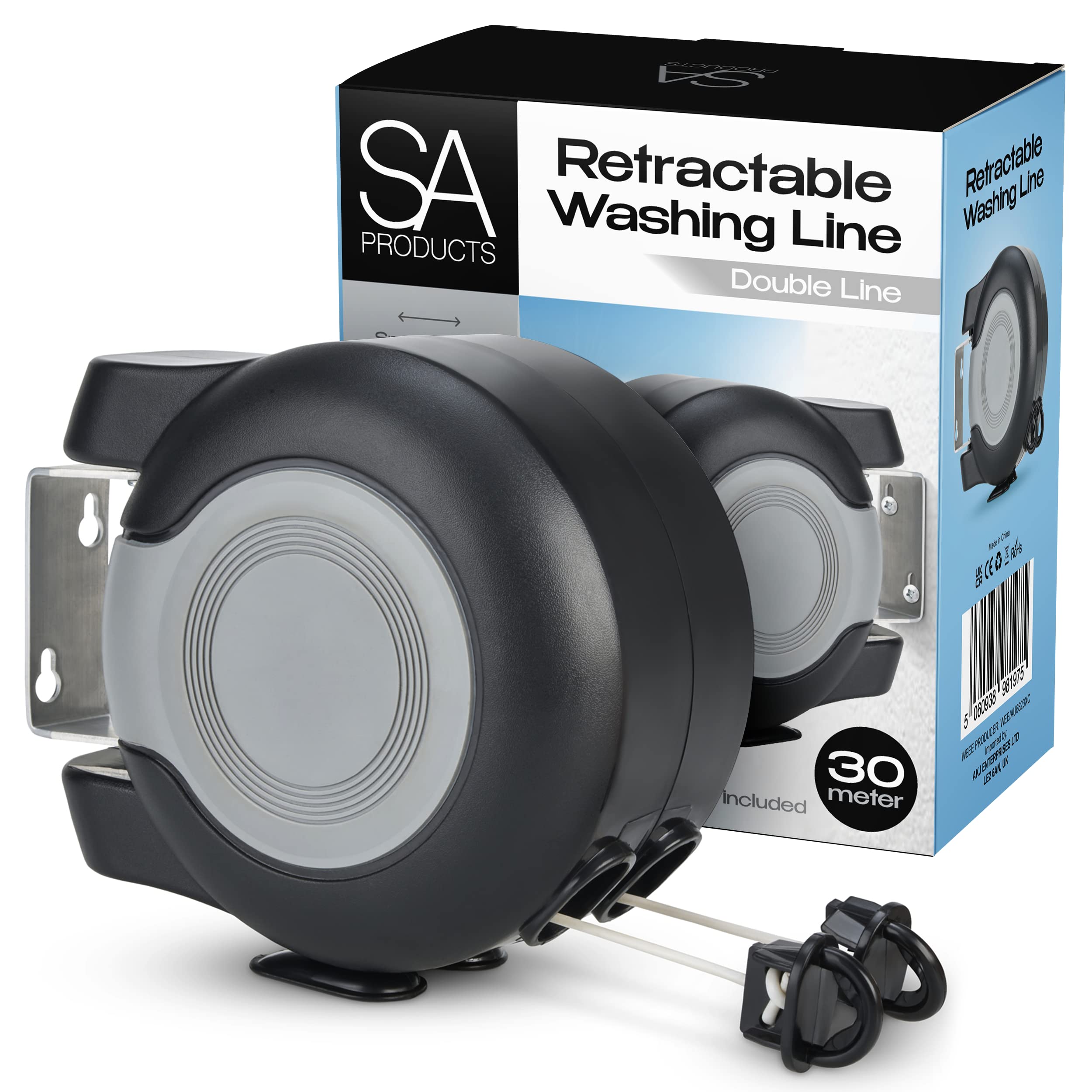 SA Products Wall Mounted Twin Cable Retractable Washing Line - 30m Total Length | Black 1
