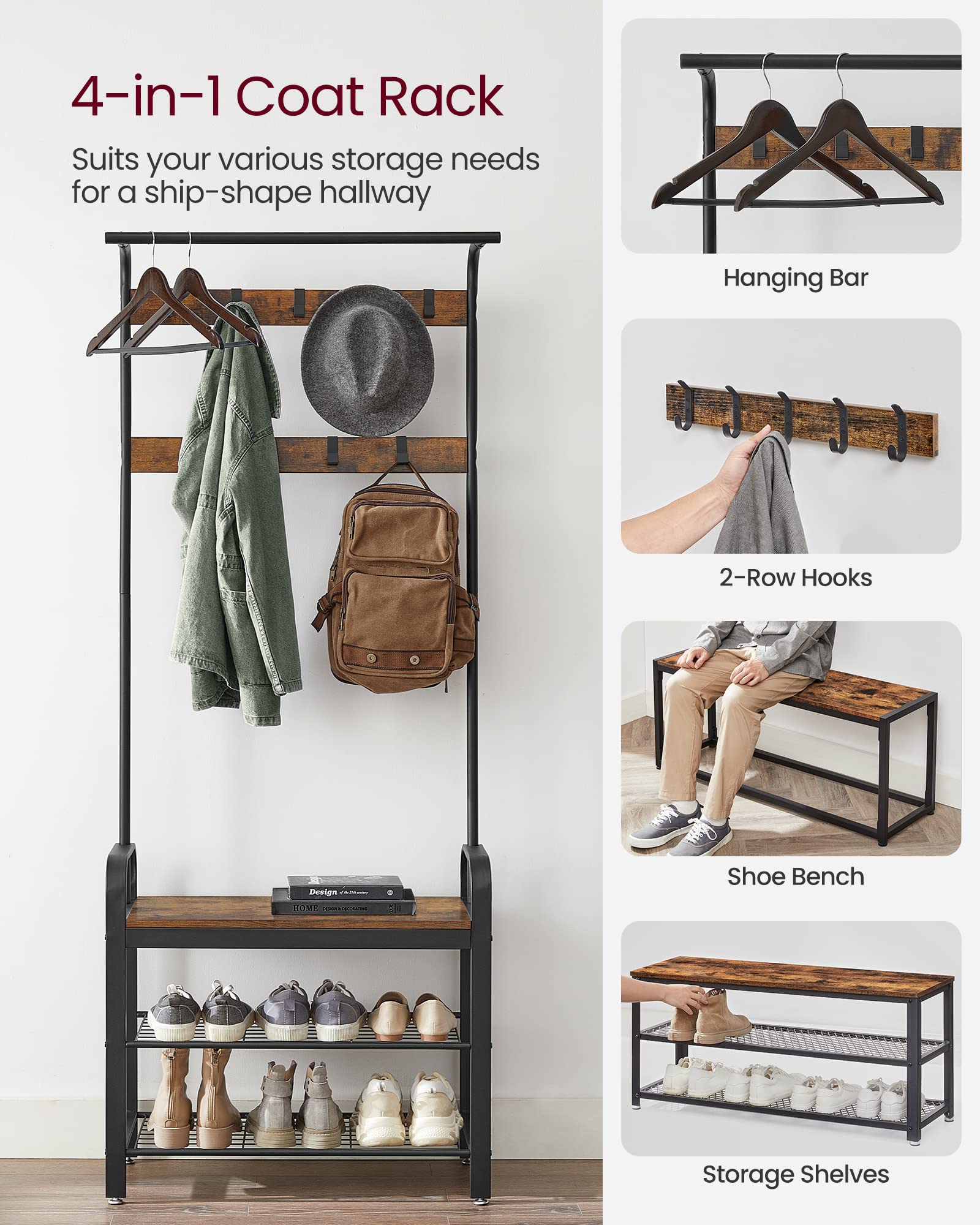 VASAGLE 4-in-1 Coat Rack with Shoe Storage Bench | 9 Removable Hooks | Industrial Style | 72 x 33.7 x 183 cm 3
