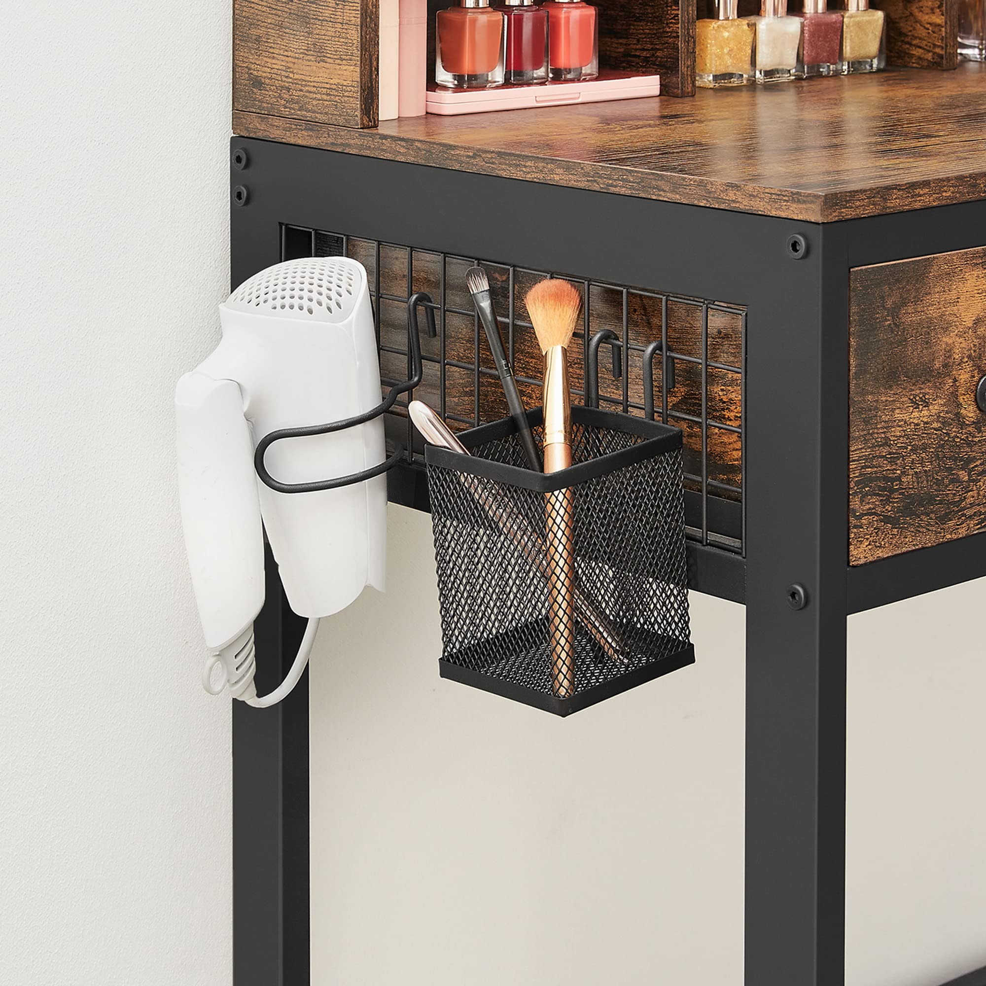 VASAGLE Dressing Table with Tri-Fold Mirror and Stool | 3 Drawers | Industrial Style | Rustic Brown/Black 6