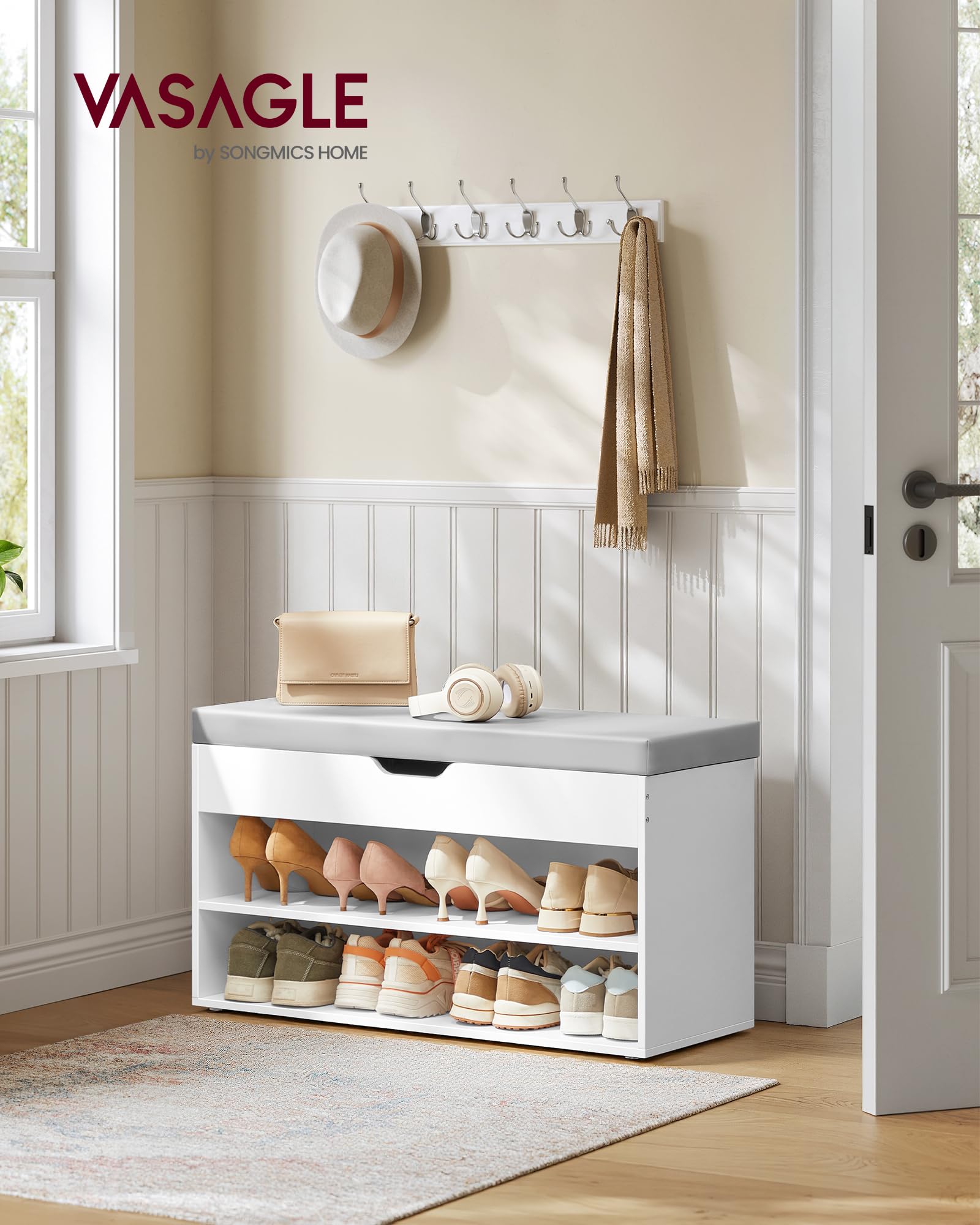 VASAGLE Shoe Storage Bench with Padded Cushion | 80 x 30 x 44 cm | Cloud White + Dove Grey