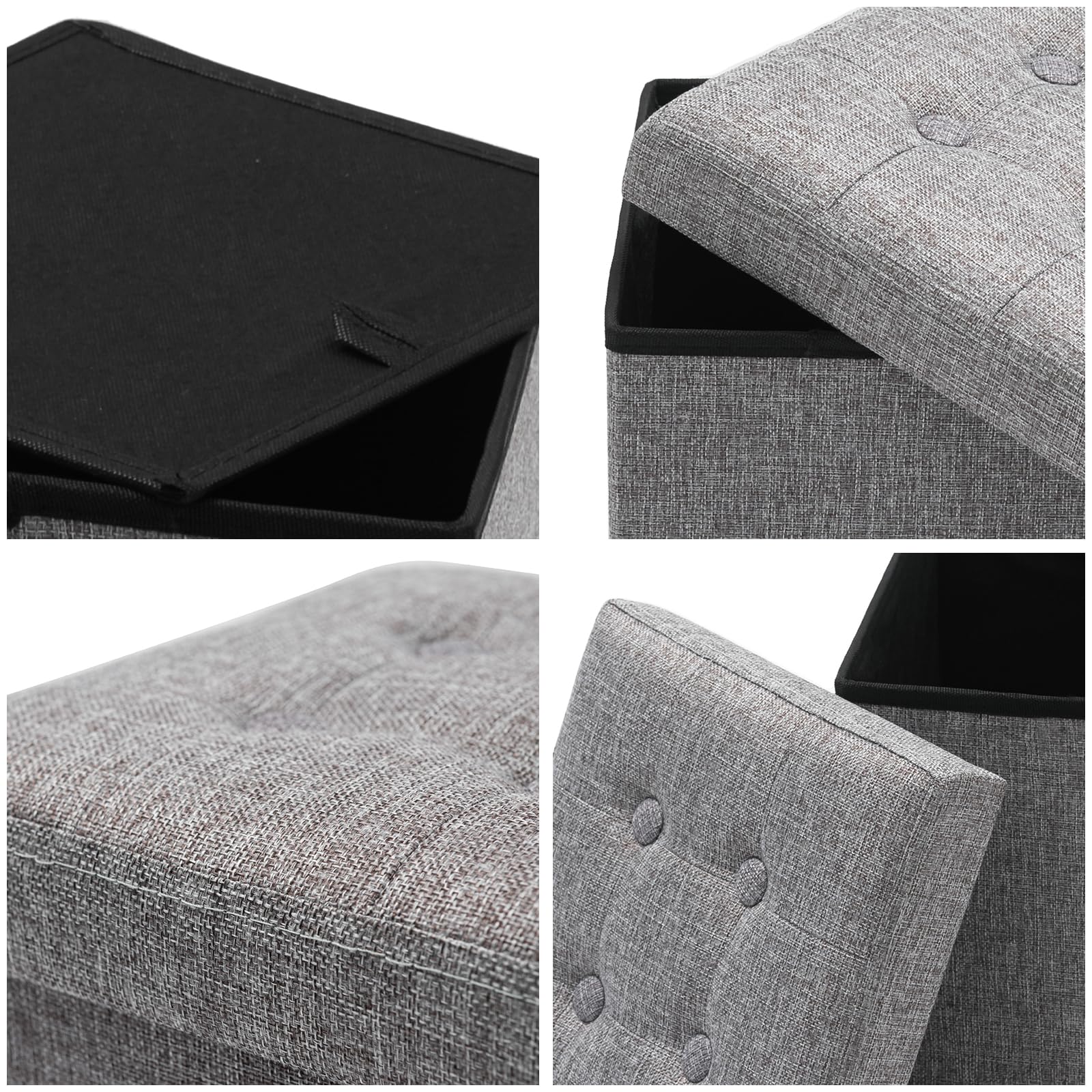 Oak & Tea Storage Ottoman Bench - Foldable, Padded Seat | Grey Linen | 30x30x30 cm 7