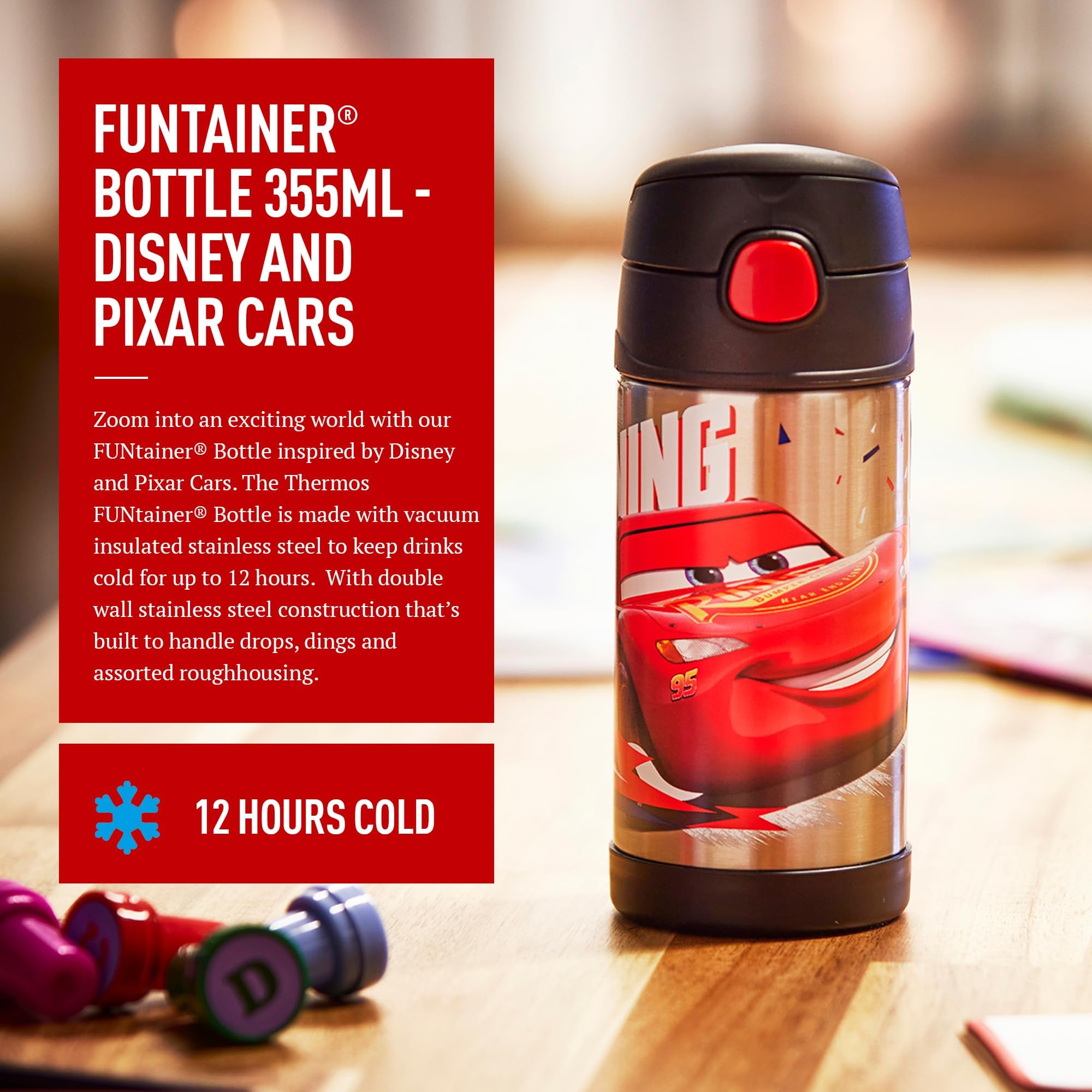 Thermos Disney Cars Drink Flask - 355ml Insulated Stainless Steel Bottle | 12-Hour Cold | Spill Proof Straw 3